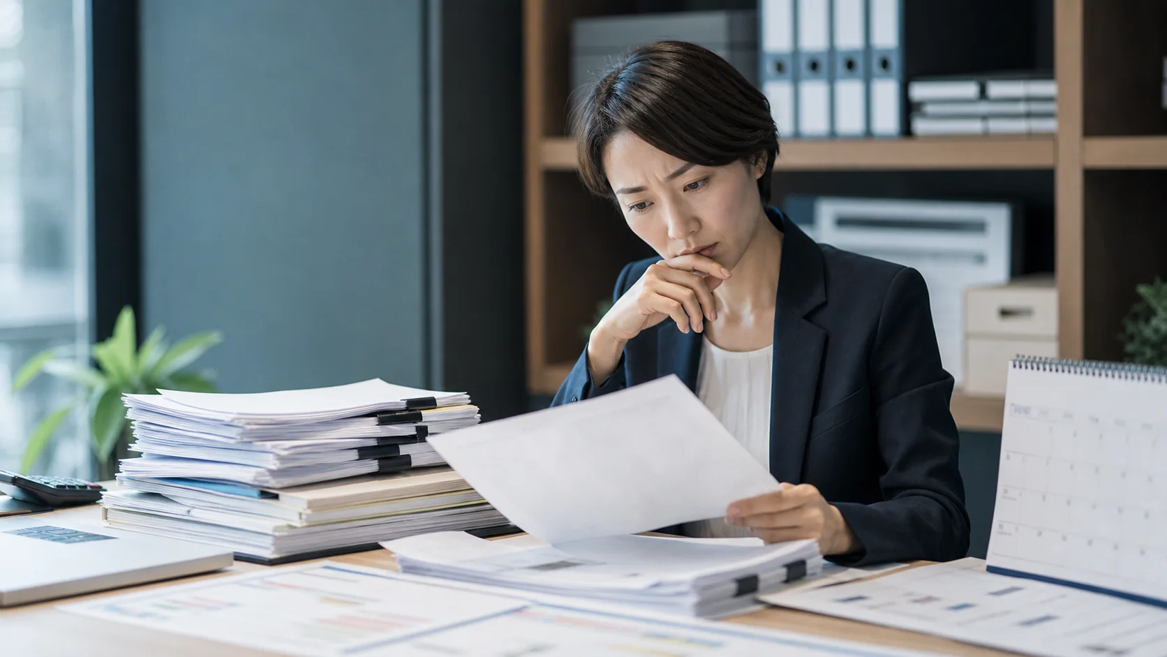 サービス会社の財務担当者が前払費用の契約期間と解約条件を照合する場面