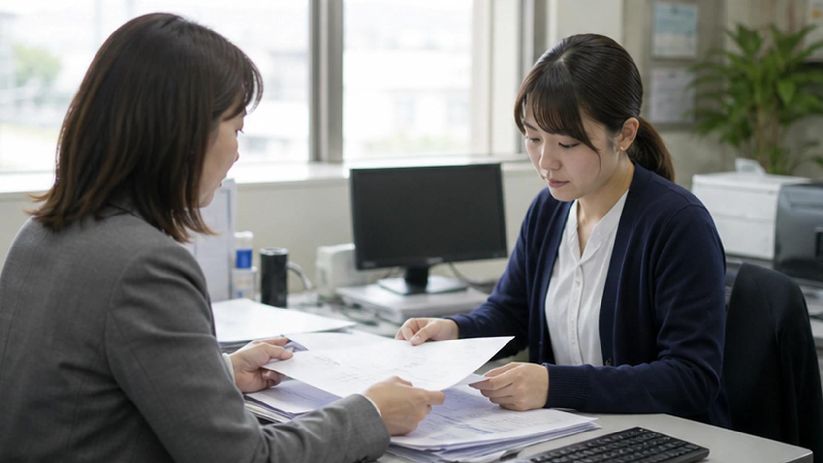 営業と財務担当者が価格改定台帳と請求実績を照合する場面