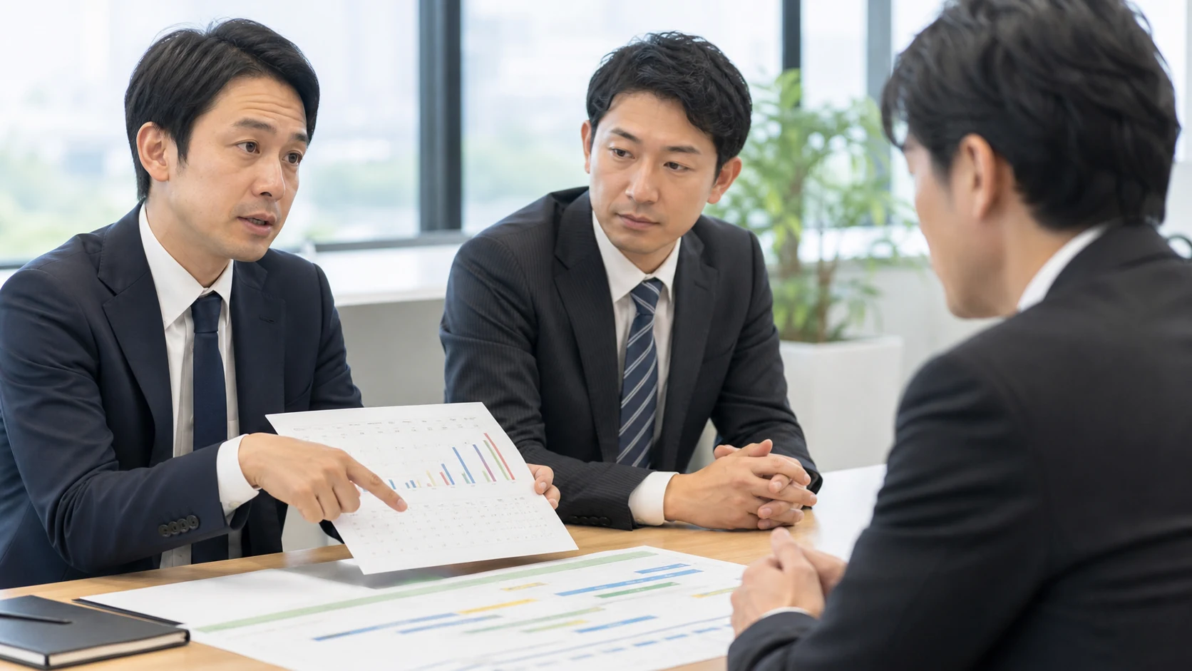 経営者と銀行担当者が集中返済月と借換工程を確認する会議