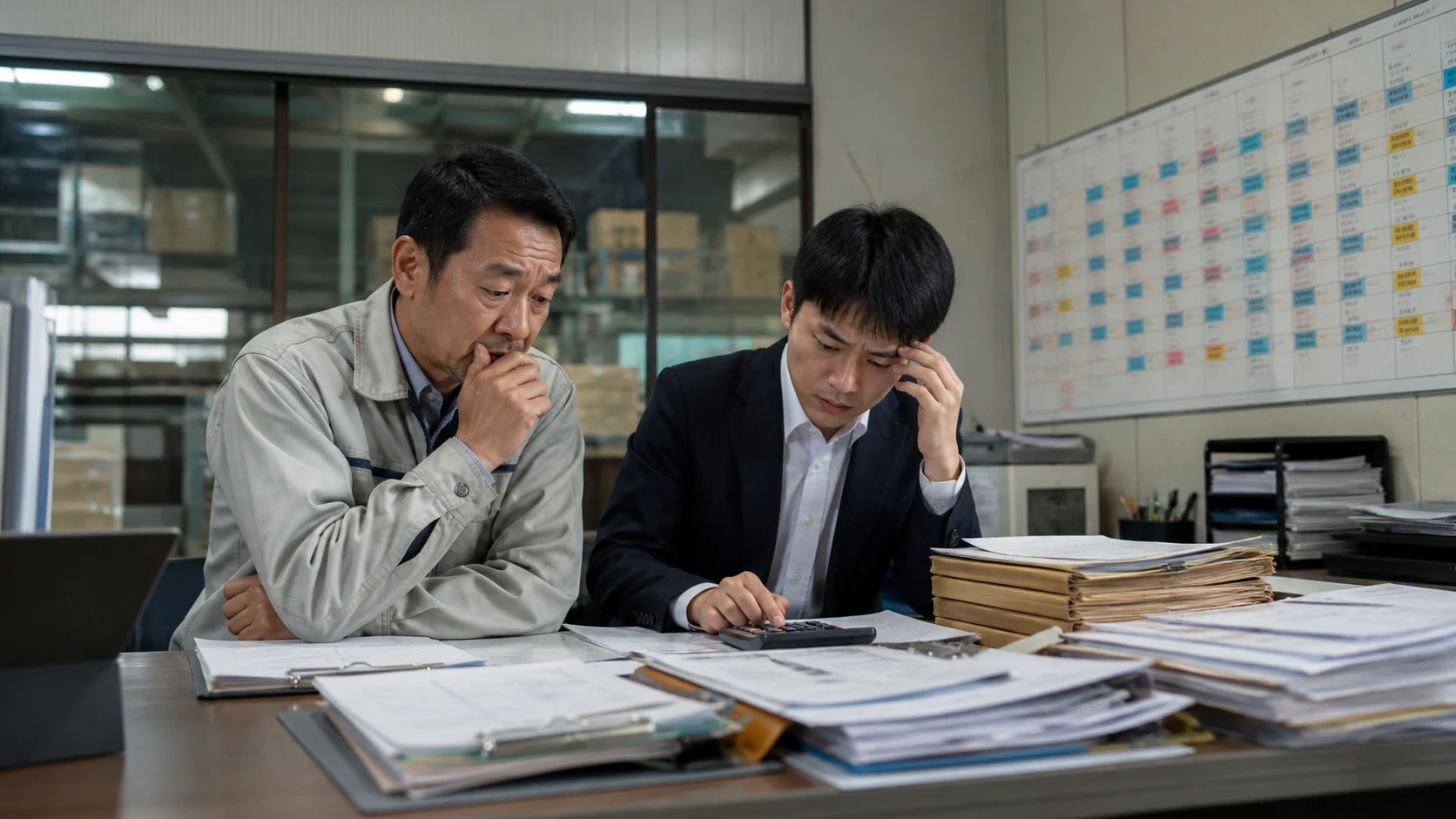 経営者と財務担当者が月別元金返済と納税・賞与の重なりを確認する場面