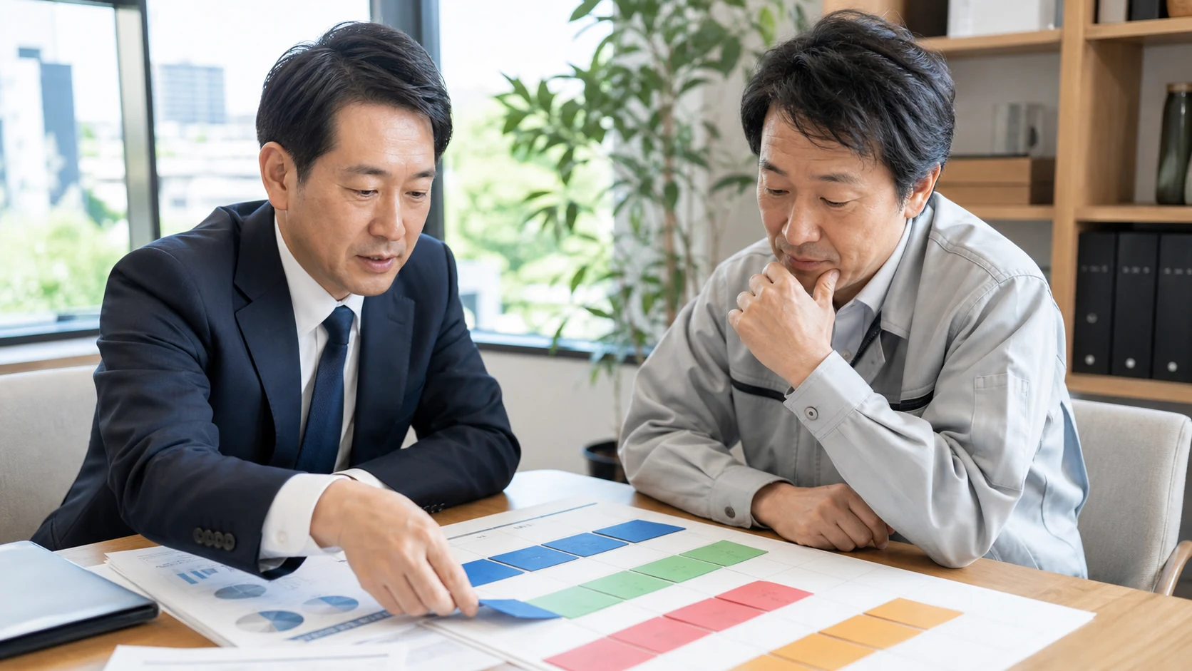 財務担当者が元金返済の最大3か月と確定不足を色分けする場面