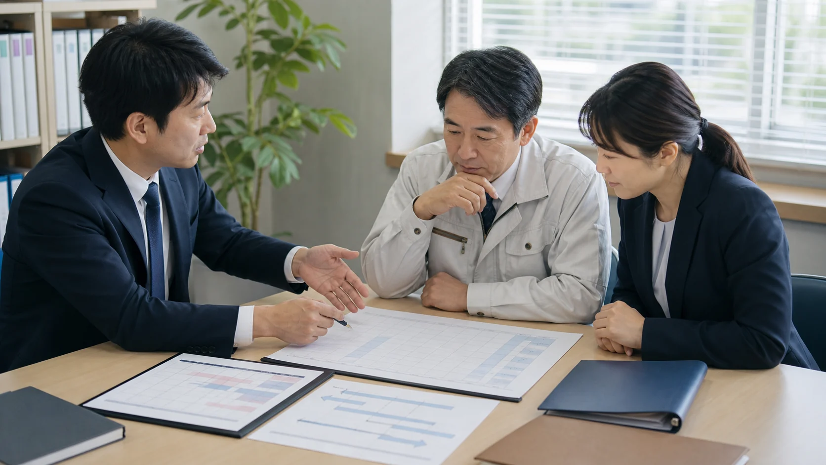 経営者、財務担当者、銀行担当者が営業CFと元金返済負担を確認する会議