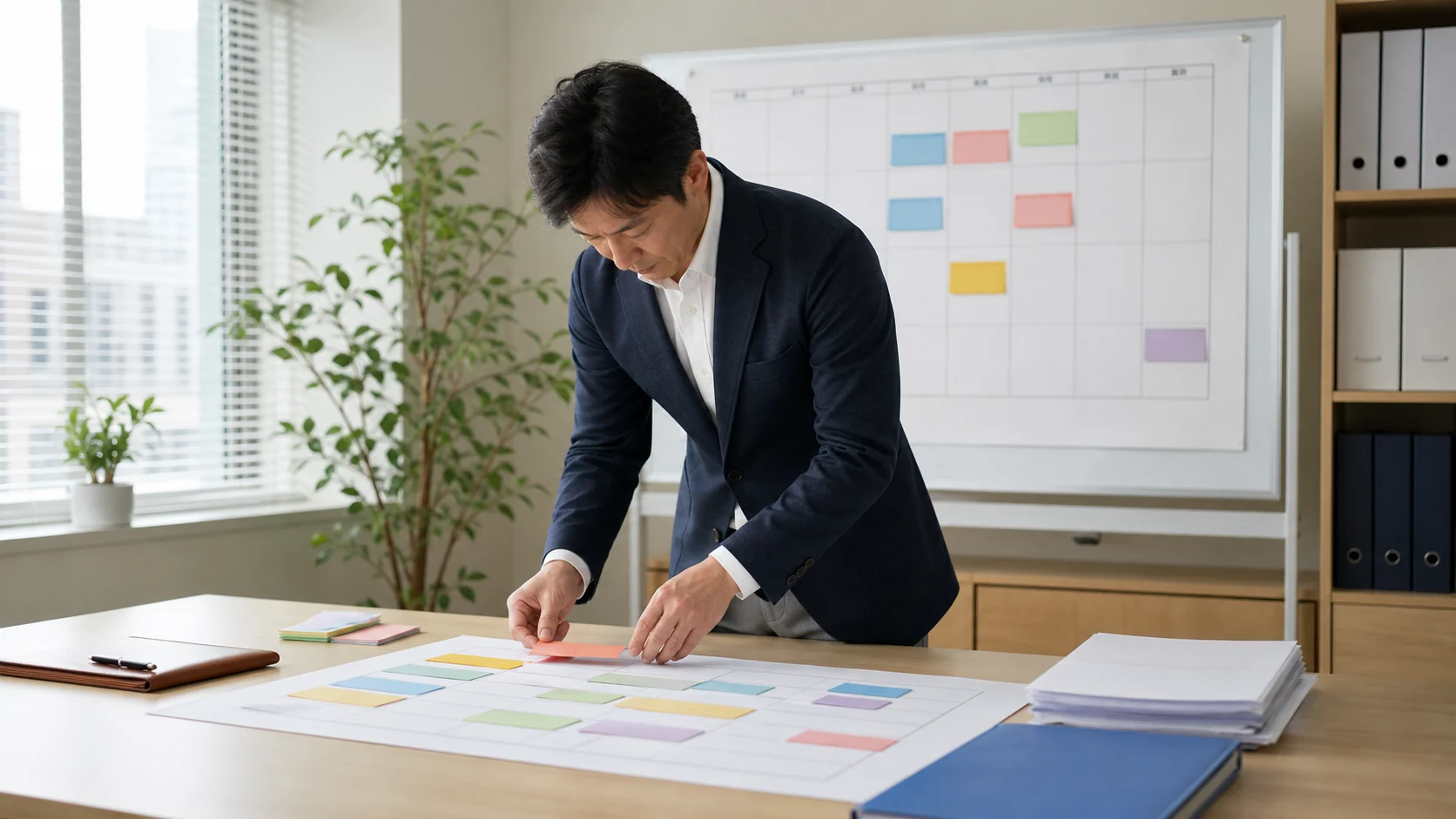 財務担当者が営業CF予測と月別返済予定を13週表へ配置する場面