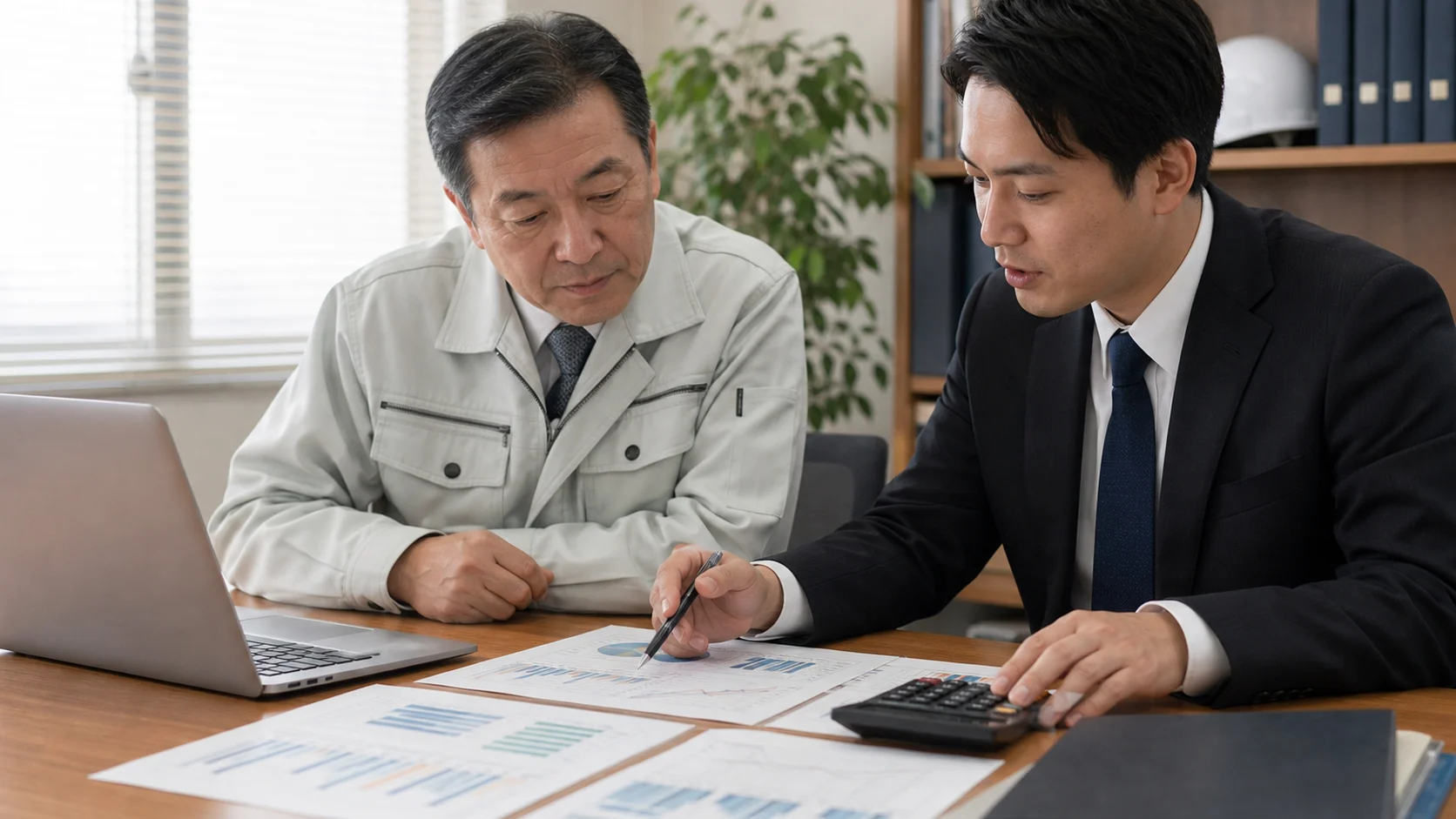 建設会社経営者と資金調達アドバイザーが専門家契約後の現金を比較する会議