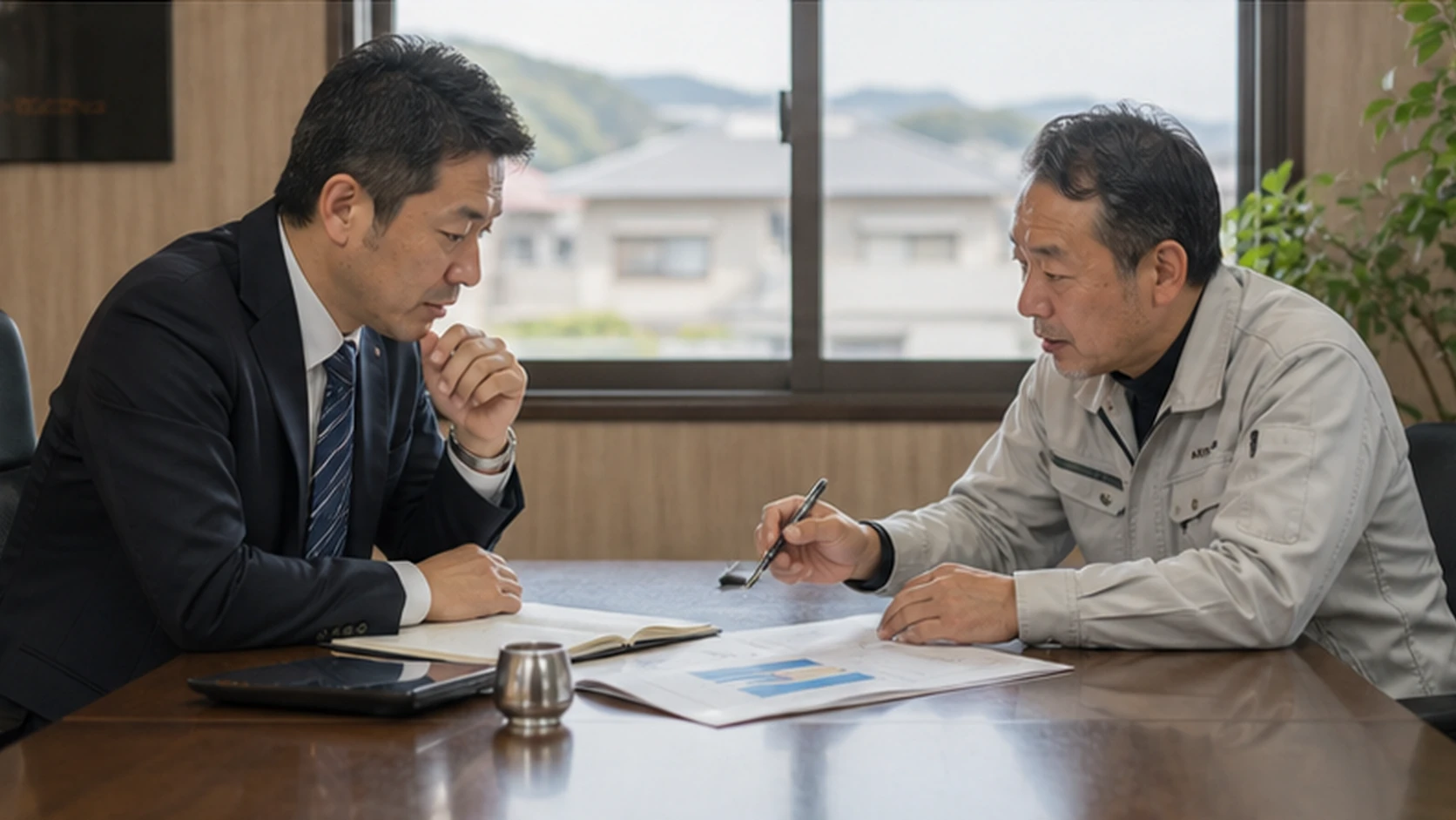 経営者・案件責任者・原価管理・財務・銀行担当者が原価超過と完成資金を確認する会議