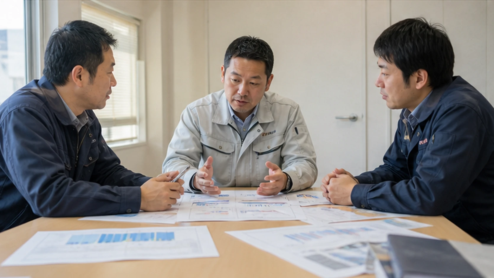 案件責任者と財務担当者が完成時見込原価と追加請求の証拠を整理する場面