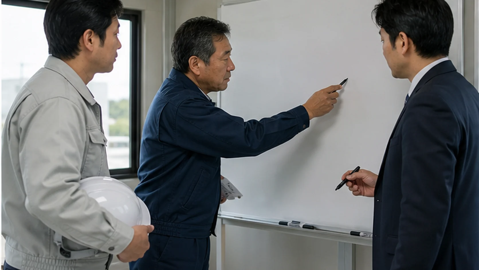 設備工事会社の経営者・現場責任者・資金相談員が案件別採算を更新する会議