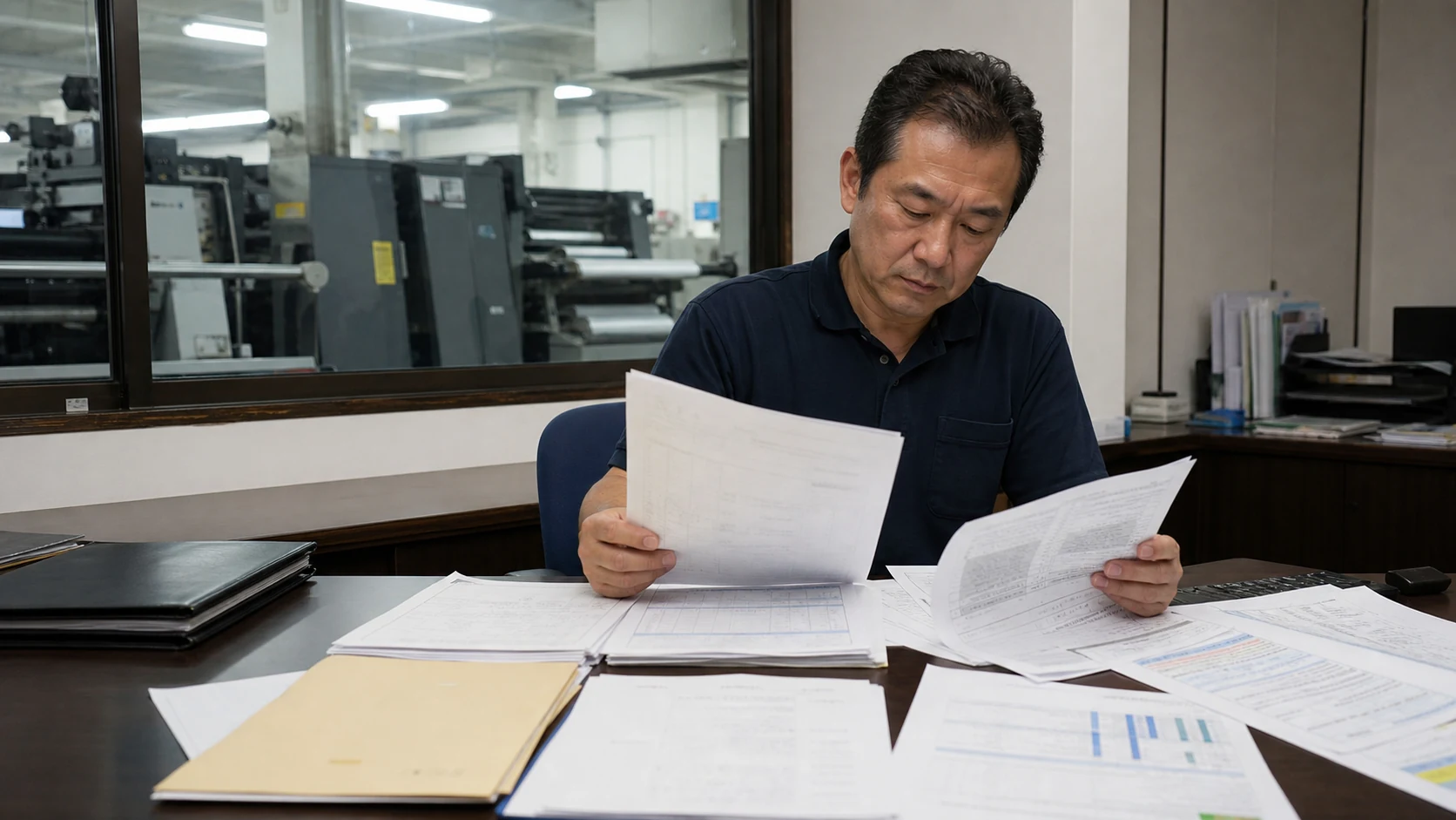保証付き融資とプロパー融資の契約条件を比較する印刷会社経営者