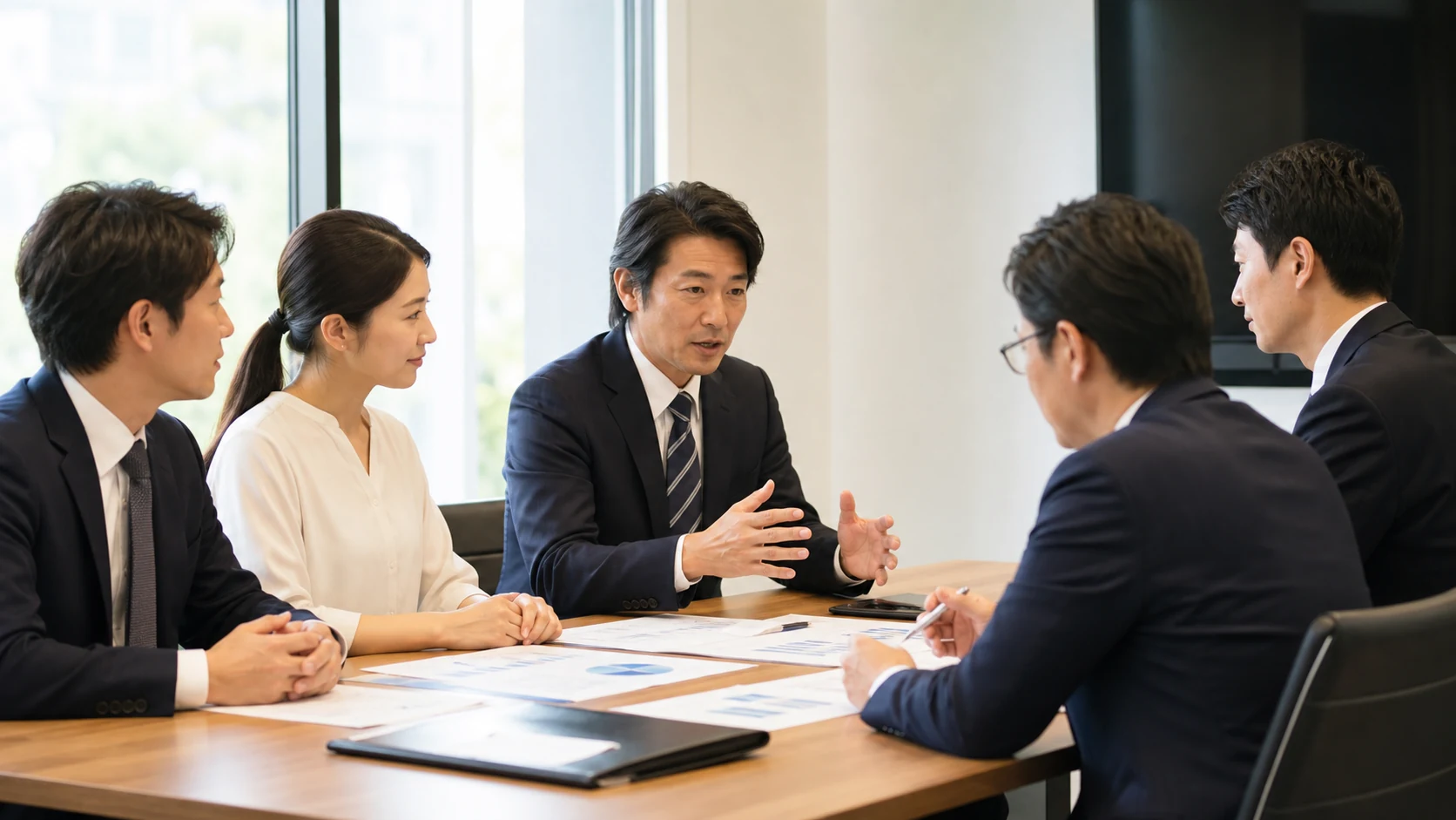 中小企業の経営者、財務担当者、複数金融機関の担当者が借入構成を確認する会議