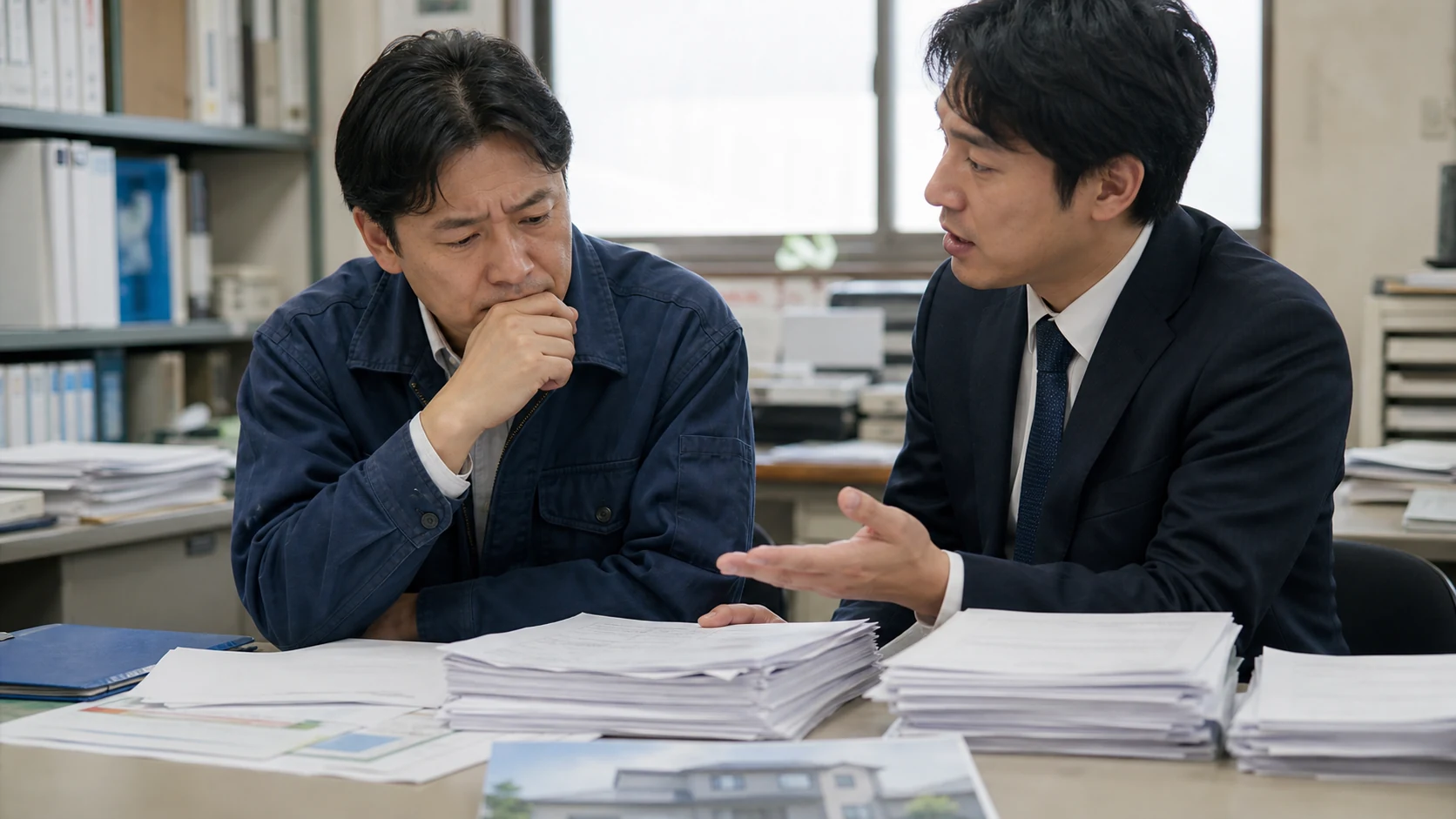 中小企業の経営者と財務担当者がプロパー融資と保証付き融資の条件を確認する場面
