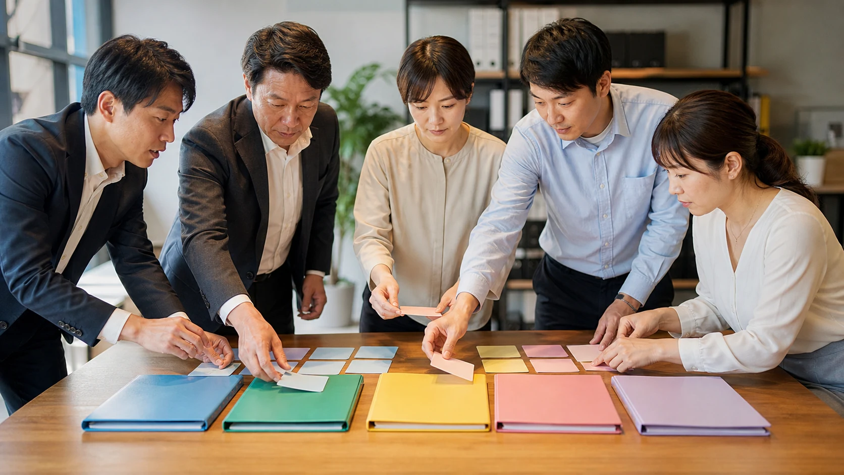 経営者と複数の銀行担当者が借入構成と次回資金使途を確認する会議