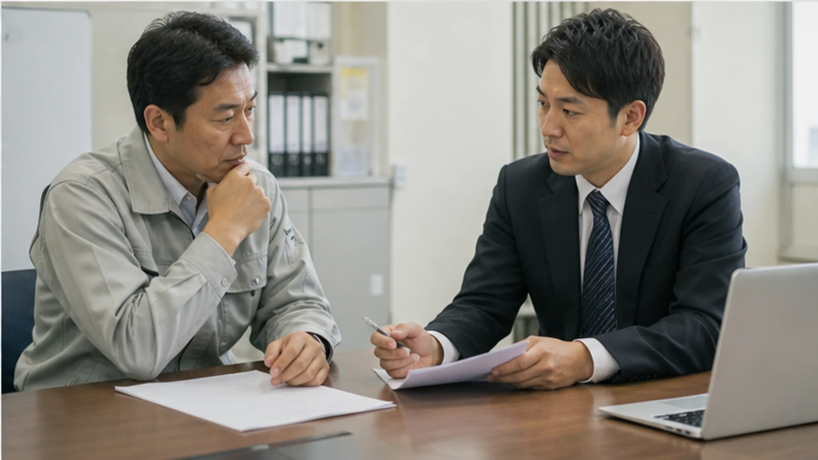 製造会社の経営者と資金アドバイザーが戻入益を除く返済余力を確認する会議