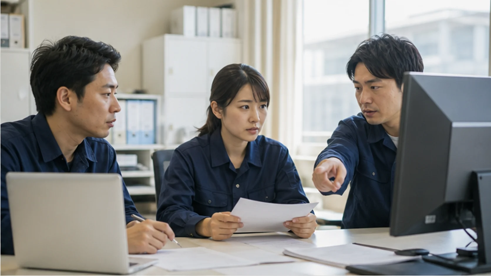 製造会社の経理責任者が引当金明細と債権回収資料を照合する場面