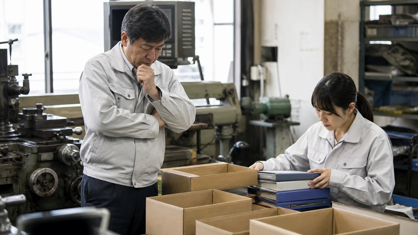 製造会社の経営者、人事、保全、経理担当が賞与・修繕・退職・貸倒れ見積を確認する場面
