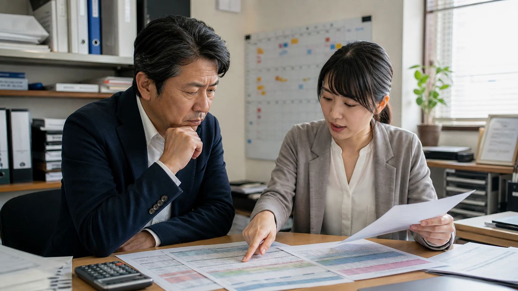 売掛先別回収表と当座比率を照合する中小企業の財務担当者と経営者