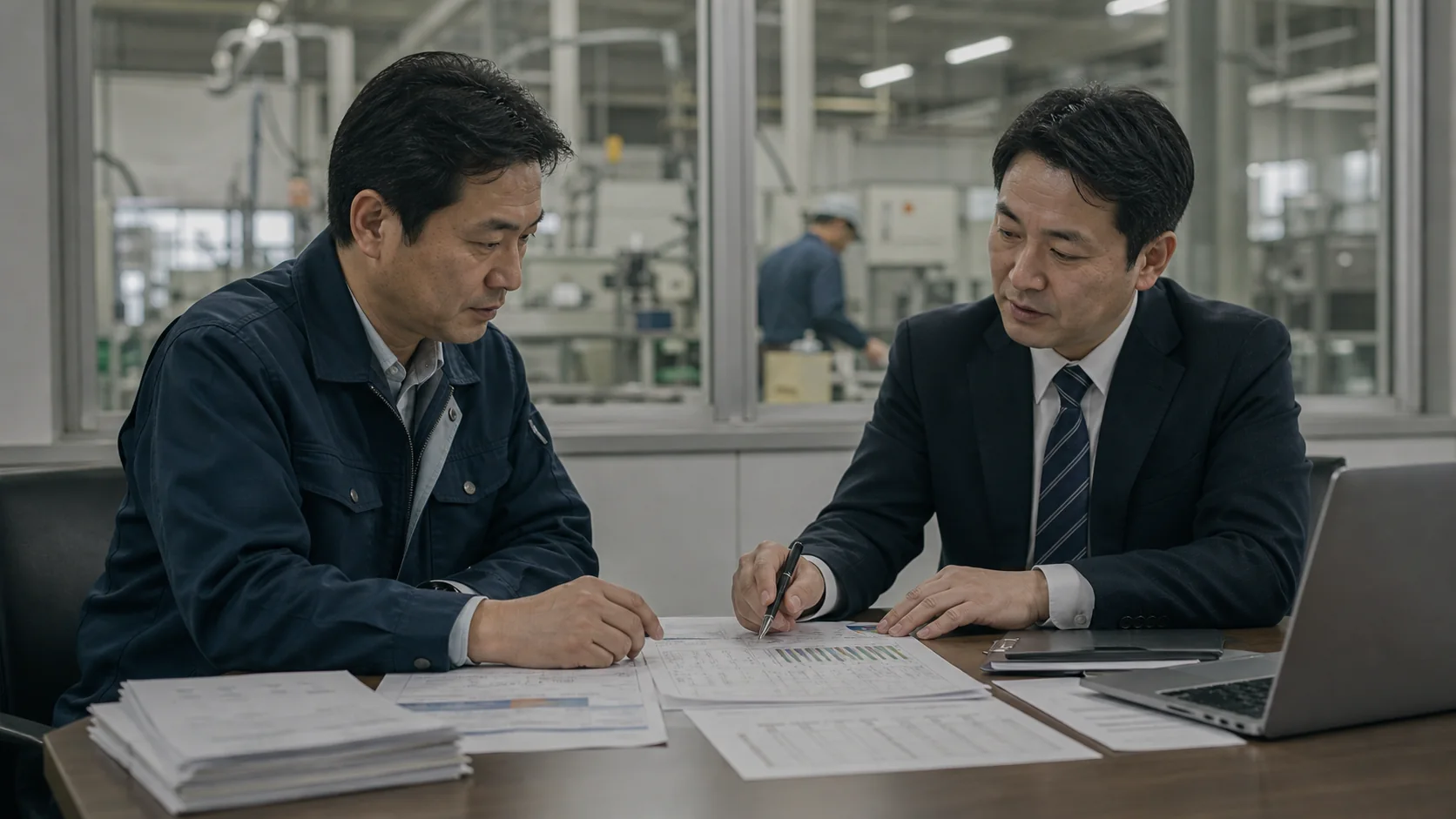 製造会社の経営者と銀行担当者が原材料仕入と完成までの運転資金を確認する会議