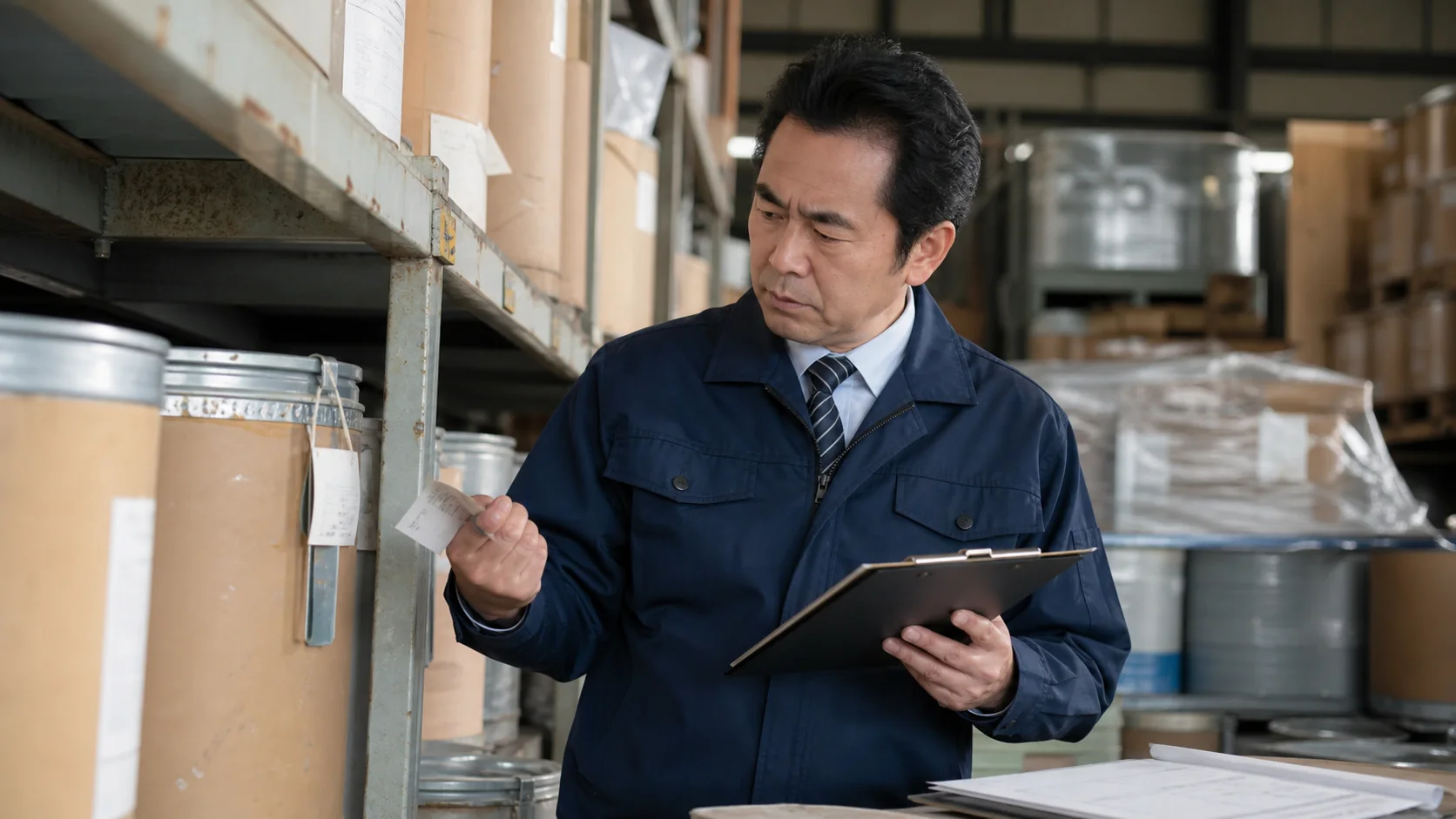製造会社の財務担当者が原材料の品目別在庫と使用予定を照合する場面