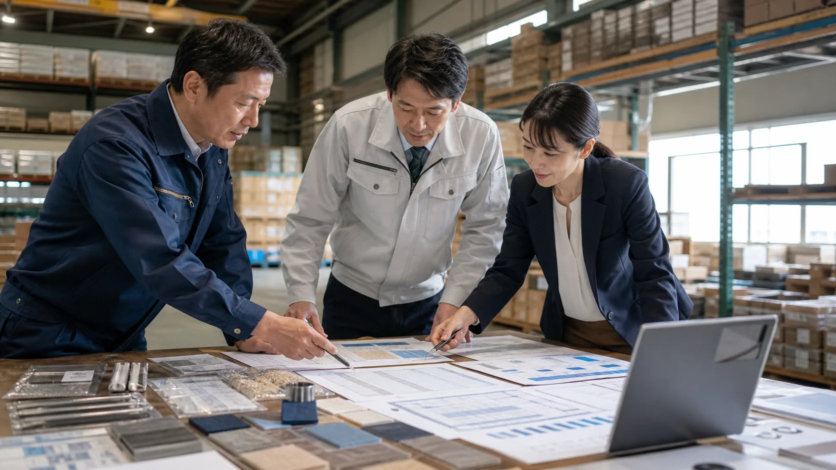 製造会社の経営会議で原材料の使用予定と追加仕入資金を確認する場面