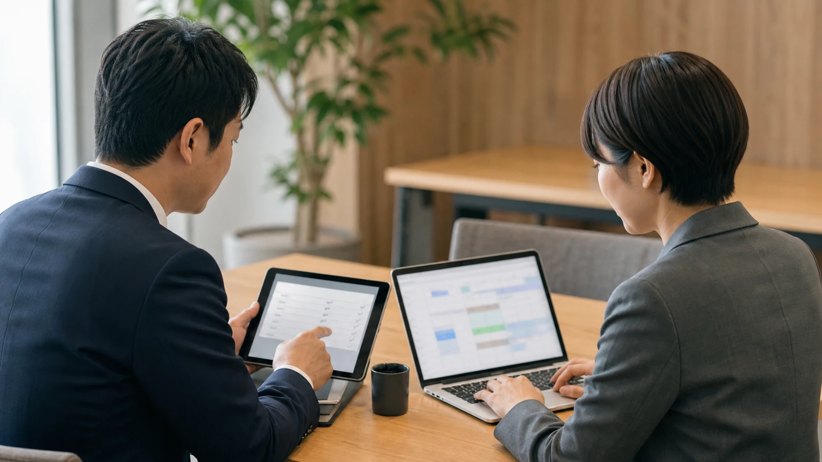経営者と営業・財務担当者が大口得意先の回収予定を確認する場面