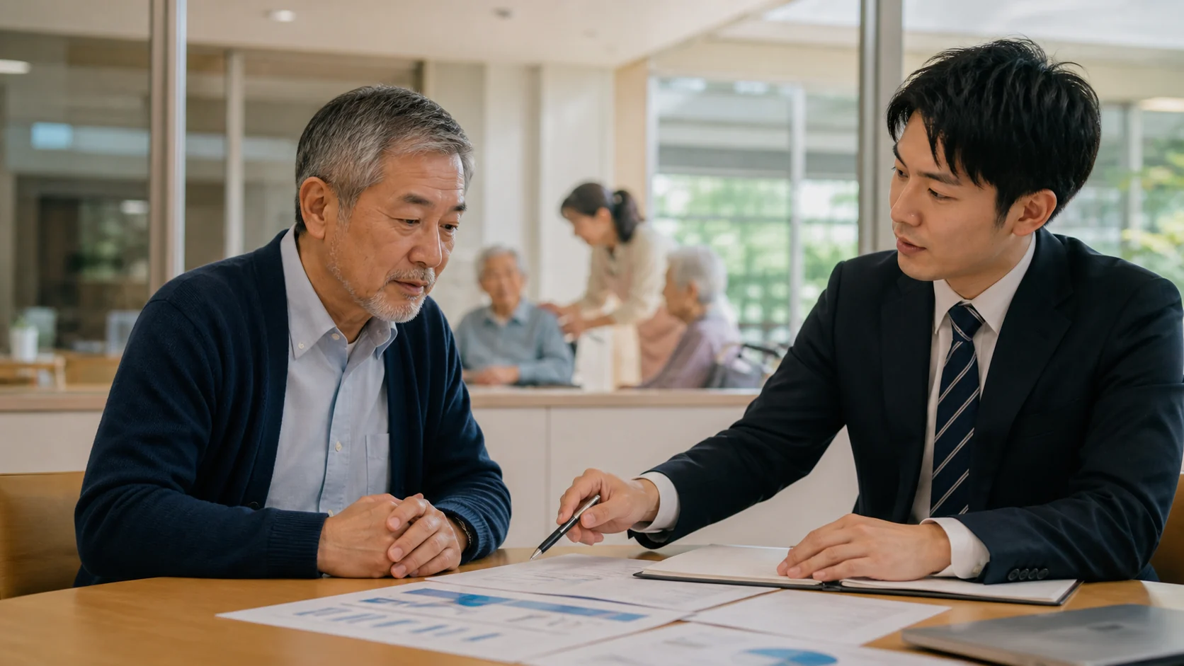 介護事業会社経営者と資金調達アドバイザーが採用後の先行運転資金を比較する会議