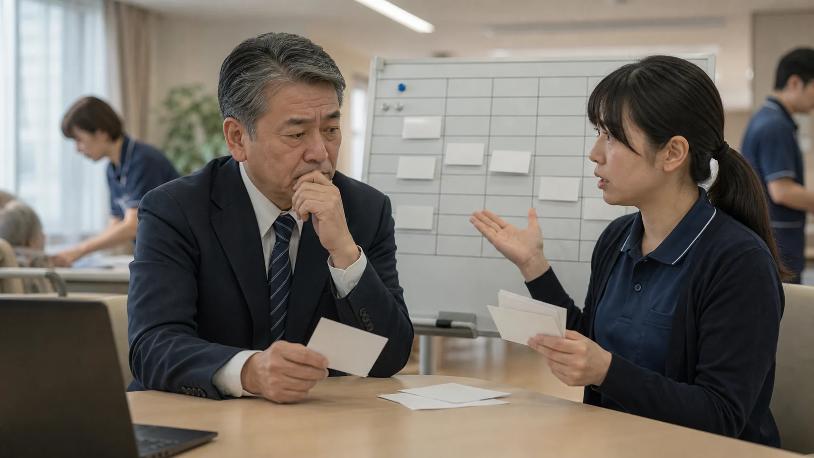 介護事業会社の経営者と採用担当者が応募数と早期離職資料を確認する場面