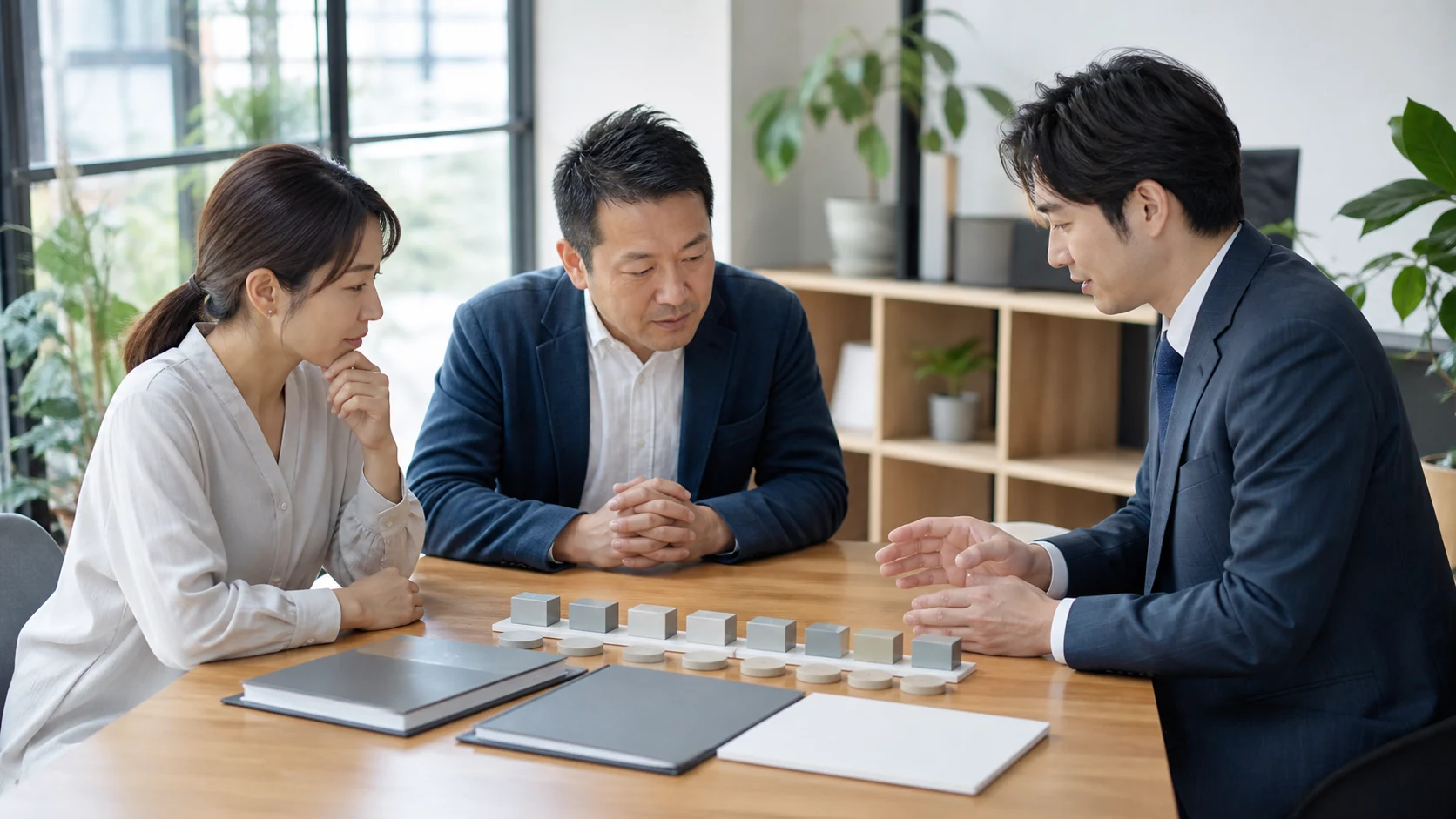経営者と財務担当者と銀行担当者が借換えの費用と回収期間を協議する会議