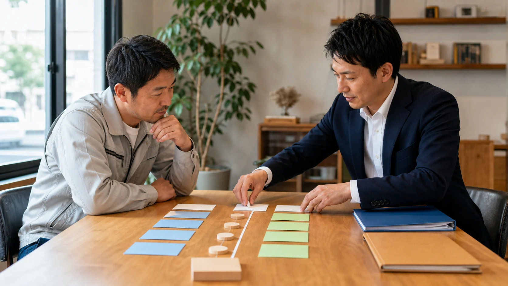 財務担当者が借換え前後の返済表と損益分岐点を整理する場面