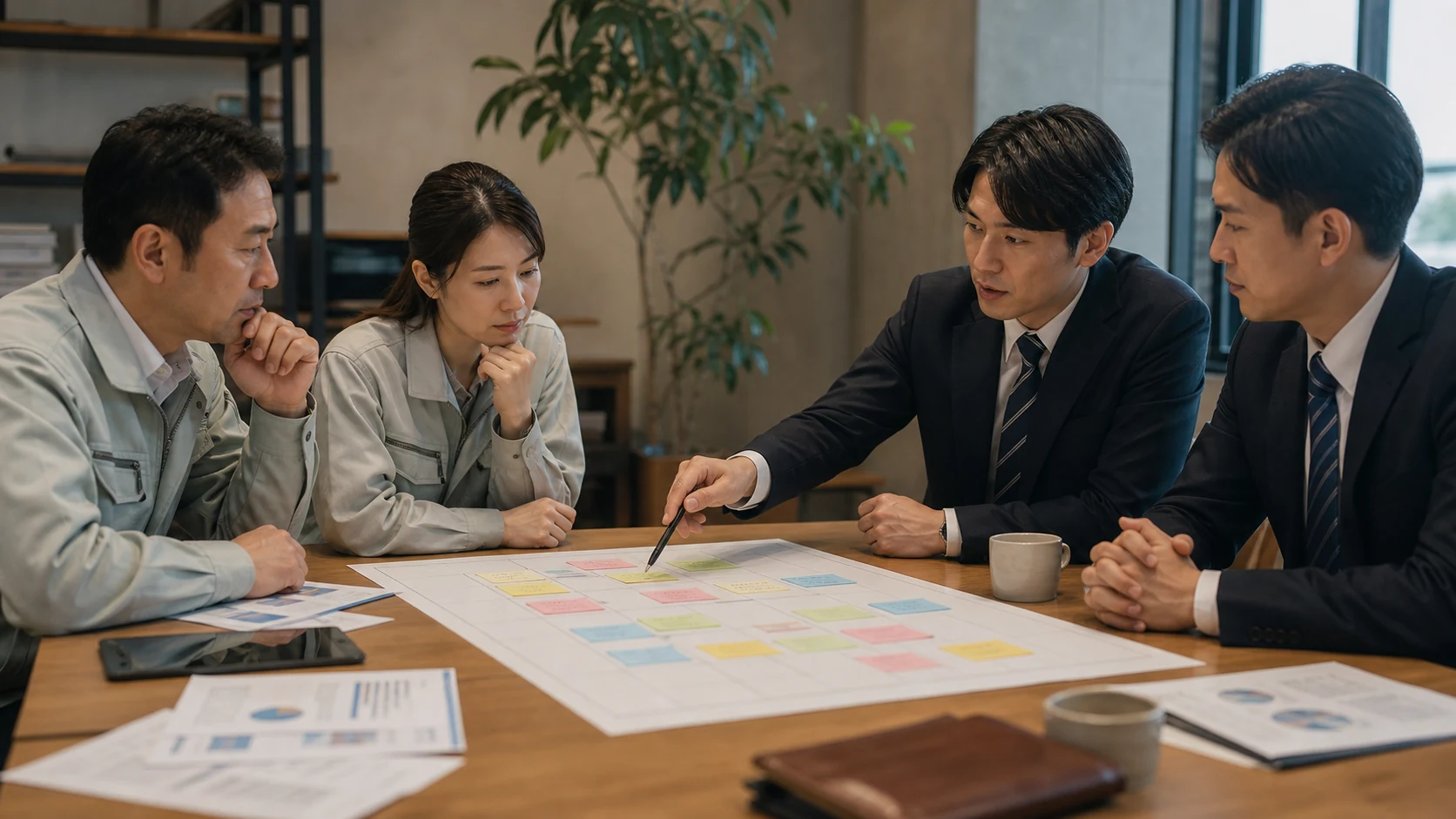 経営者、財務担当者、銀行担当者が満期と借換進捗を確認する会議