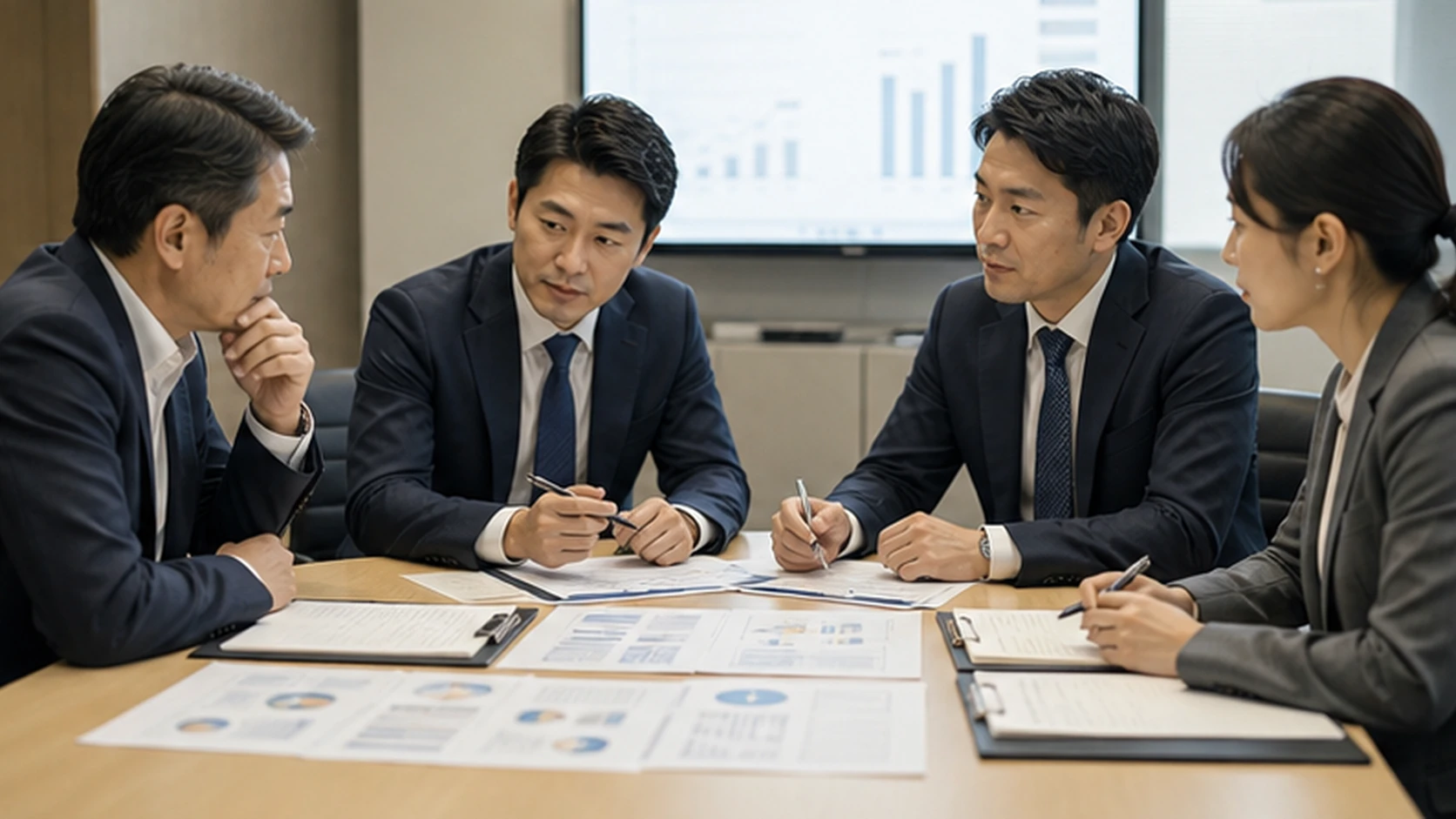 経営者・財務・顧問専門家・複数の銀行担当者が満期工程と代替策を確認する会議