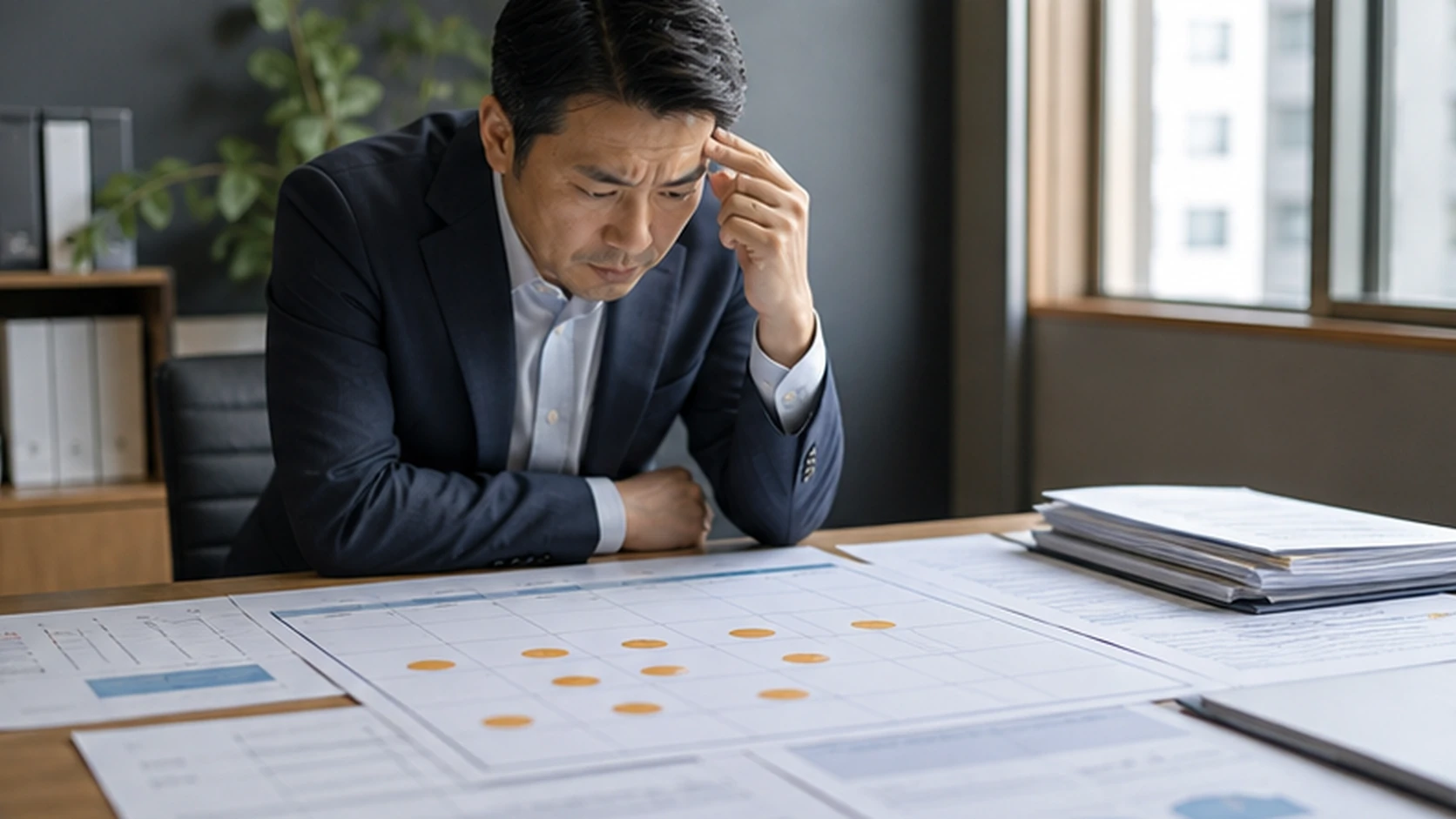 複数の借入満期が同じ月に集中し未完了資料が残る状態を財務担当者が点検する場面