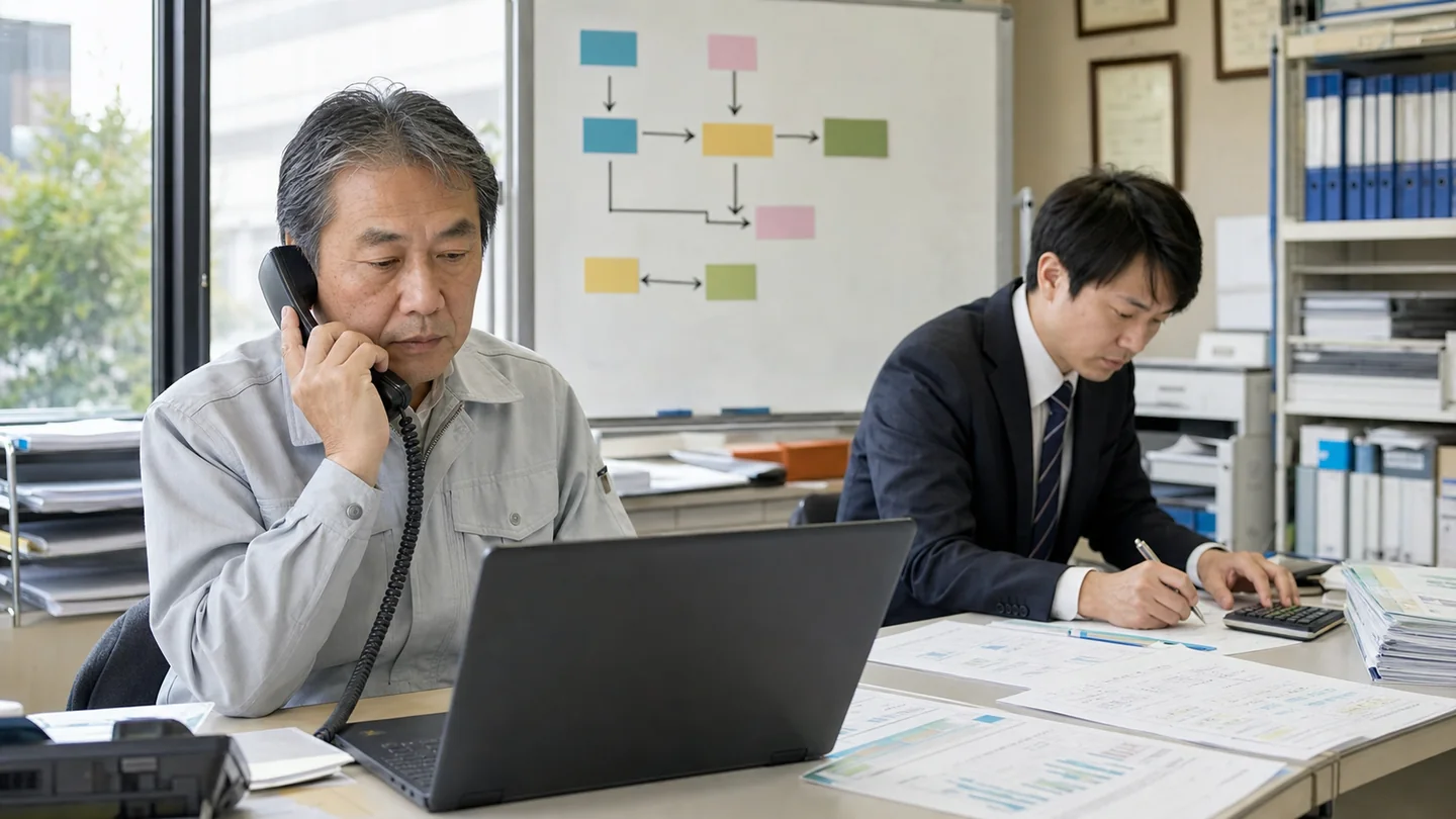 銀行へ改善点を確認し資金計画を修正する中小企業経営者
