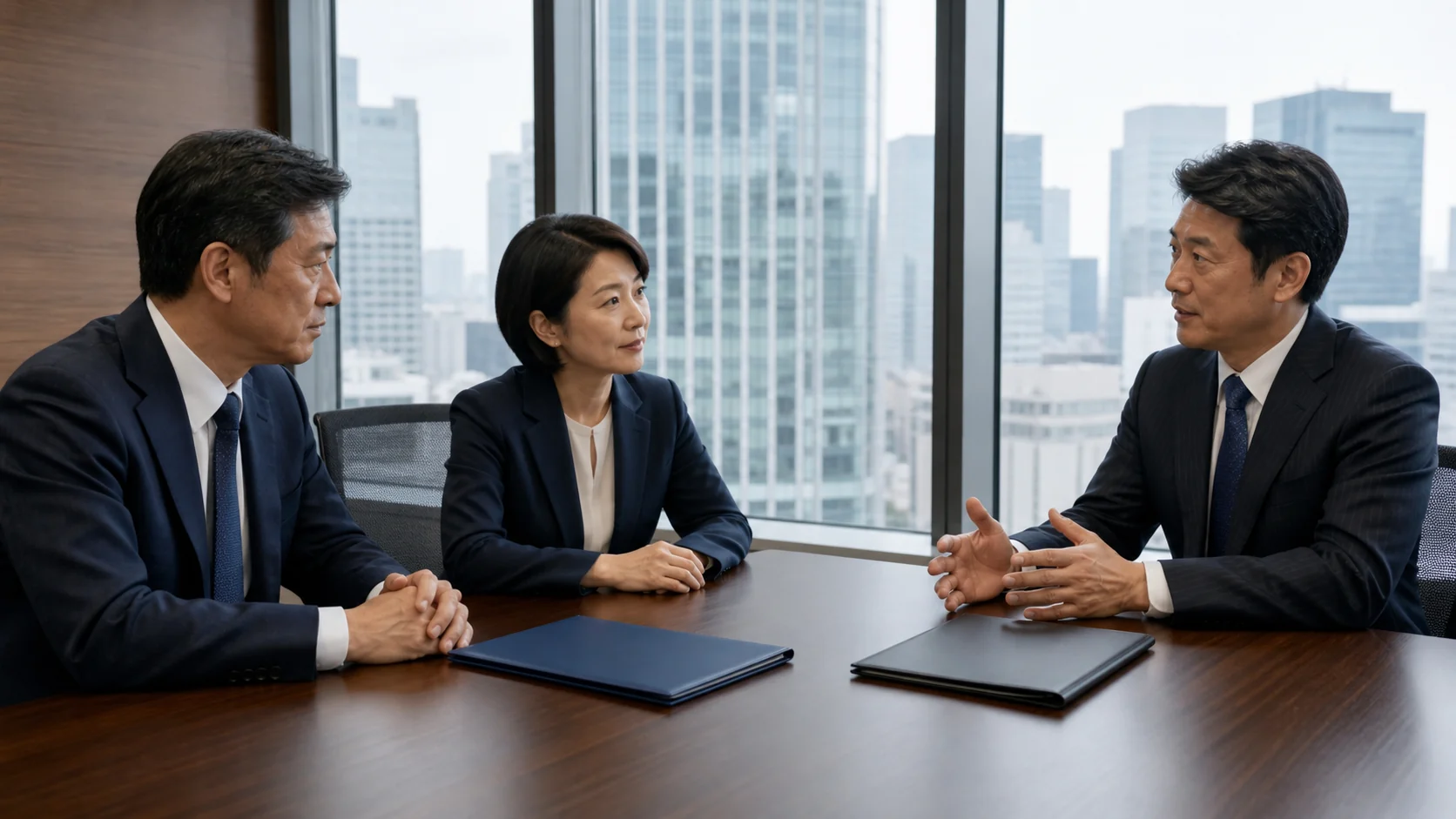 複数法人の経営者と銀行担当者が法人別資金需要と返済原資を確認する場面