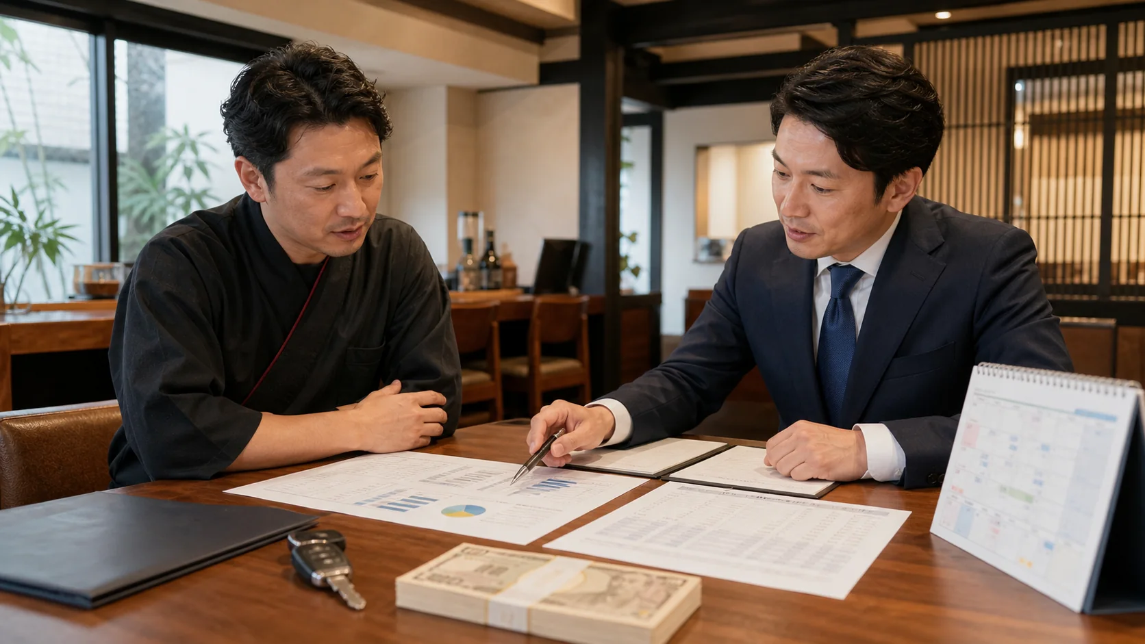 飲食店経営者と資金調達アドバイザーが店舗改善後の必要資金を比較する会議