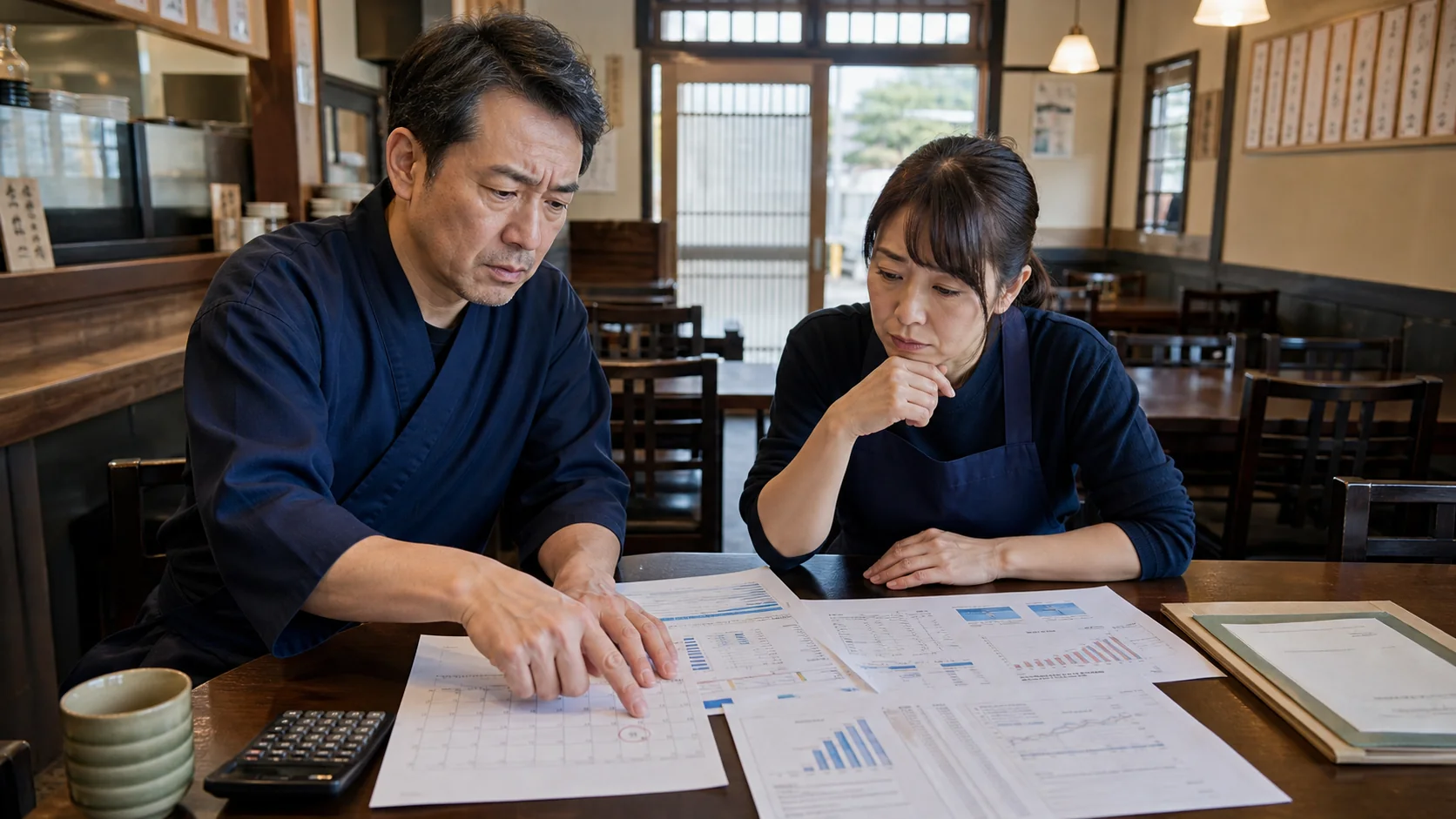 飲食店経営者が客席と賃貸契約書を見ながら店舗別家賃負担を確認する場面