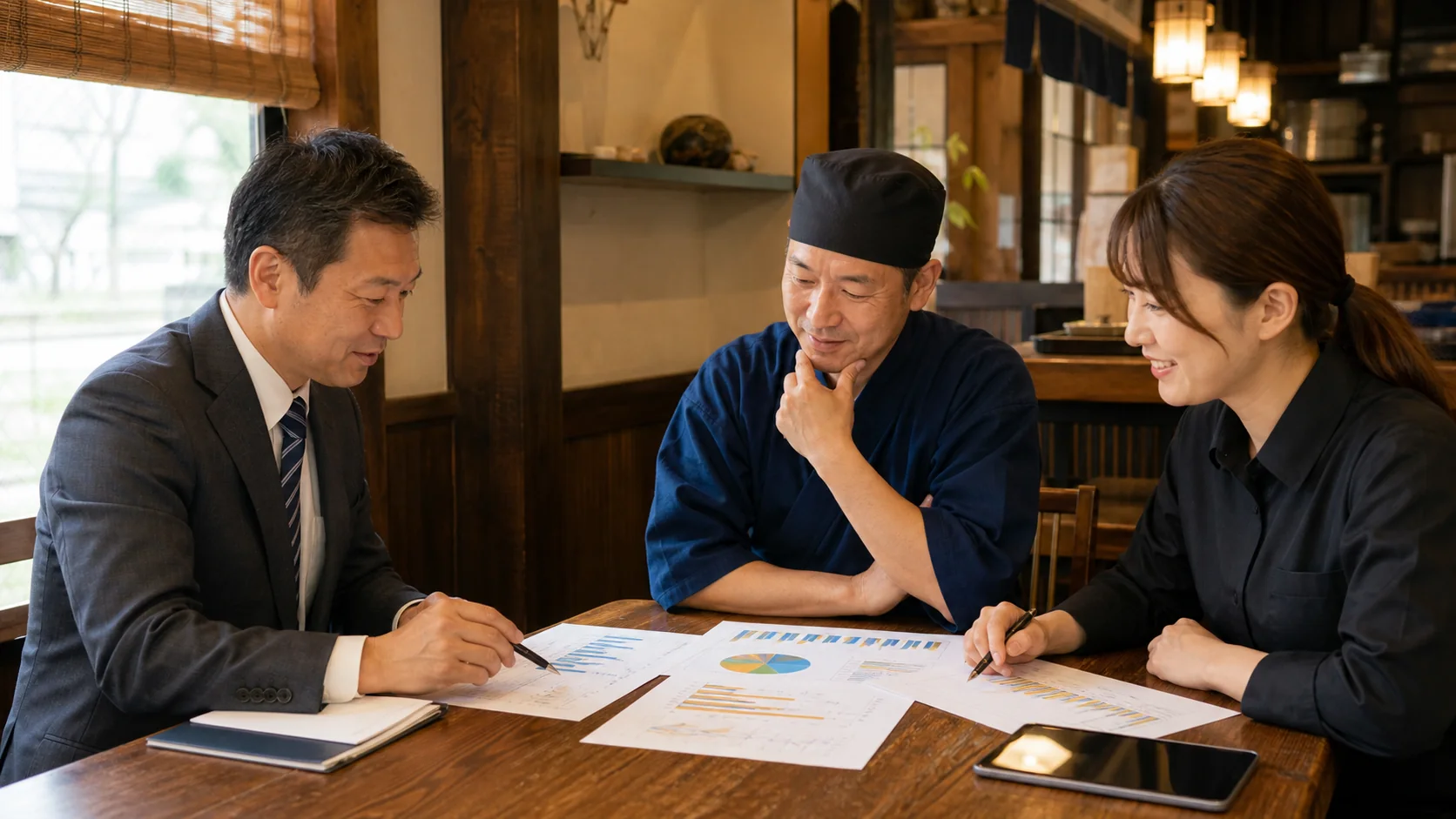 飲食店経営者と店長が客席稼働と店舗別採算の改善案を確認する会議