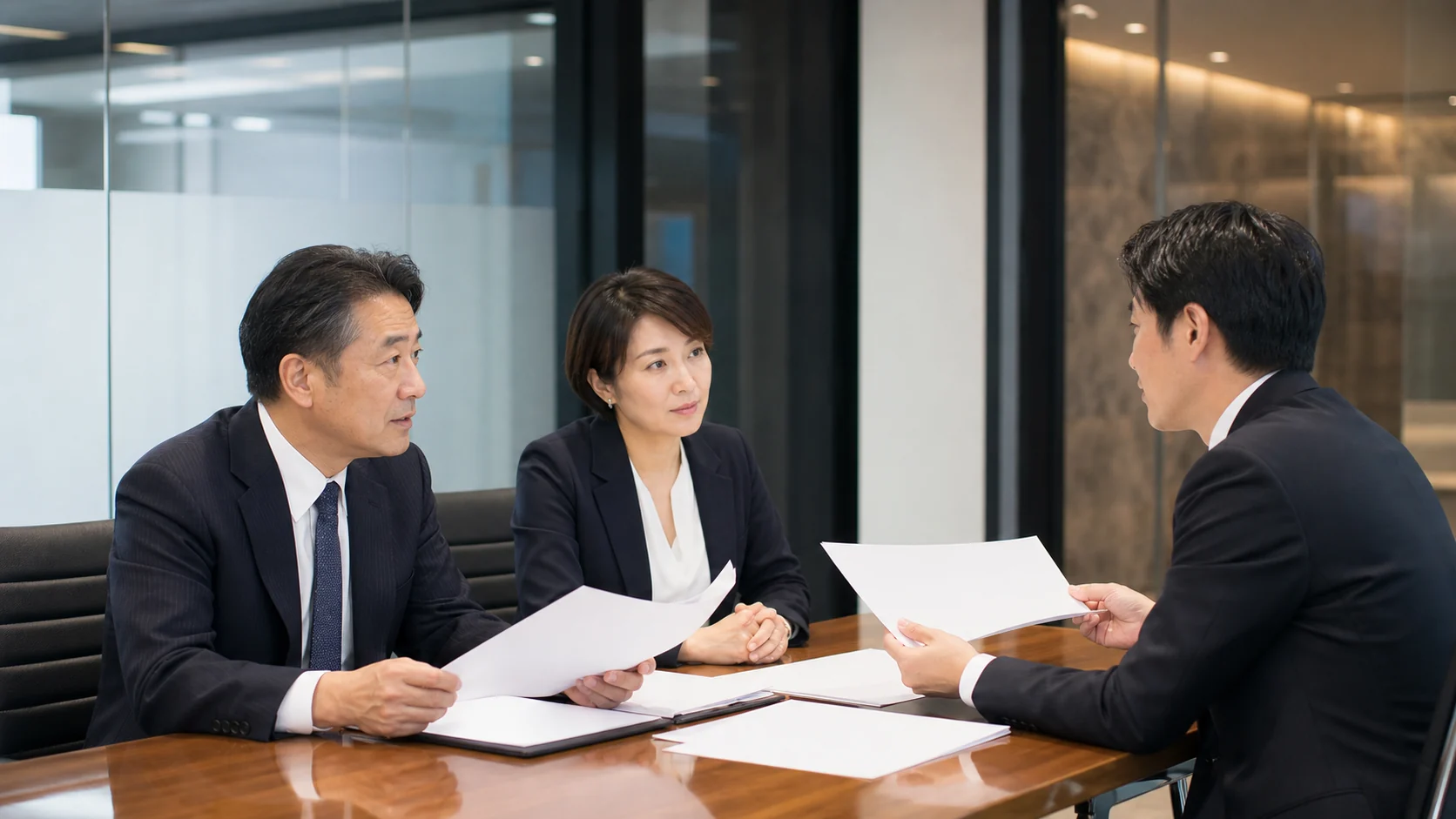 経営者と銀行担当者が組織再編後の返済計画と承諾条件を協議する場面