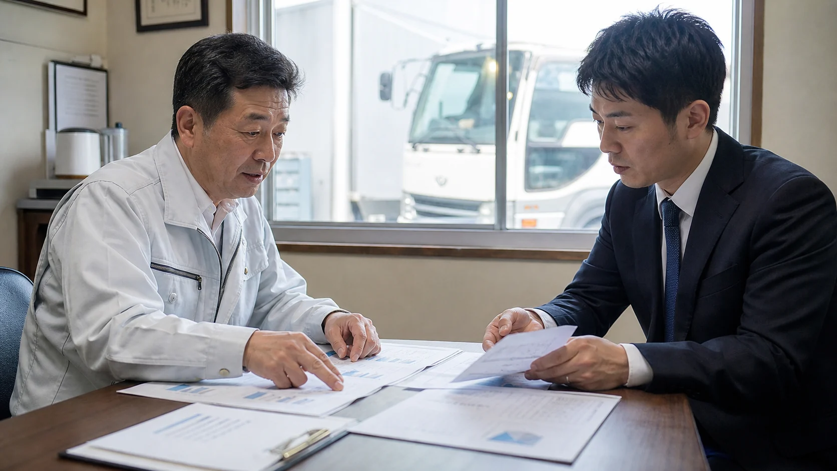 運送会社経営者と資金調達アドバイザーが車両修繕・更新資金を比較する会議