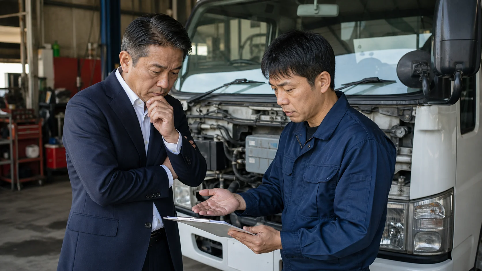 運送会社経営者と整備責任者が故障車両と高額修理見積を確認する場面