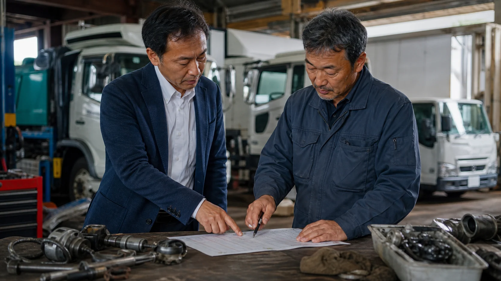 運送会社の経営者と整備責任者が車両更新と予防保全の優先順位を決める会議
