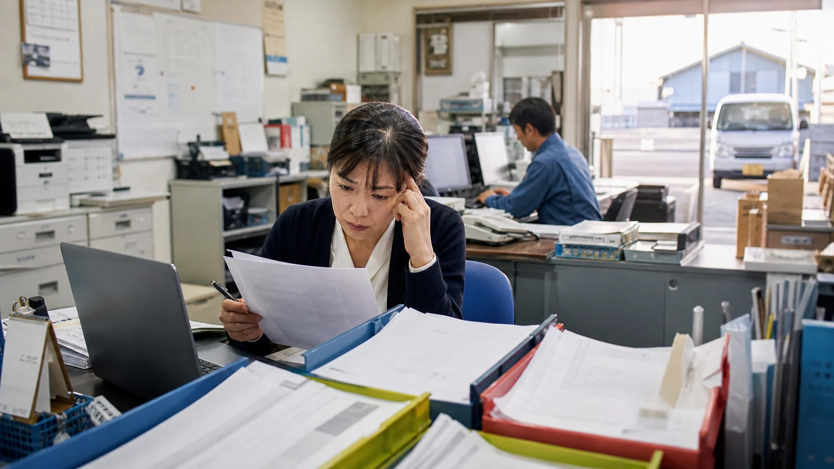 指定返済口座だけ残高が不足していることを確認する食品会社経理担当者