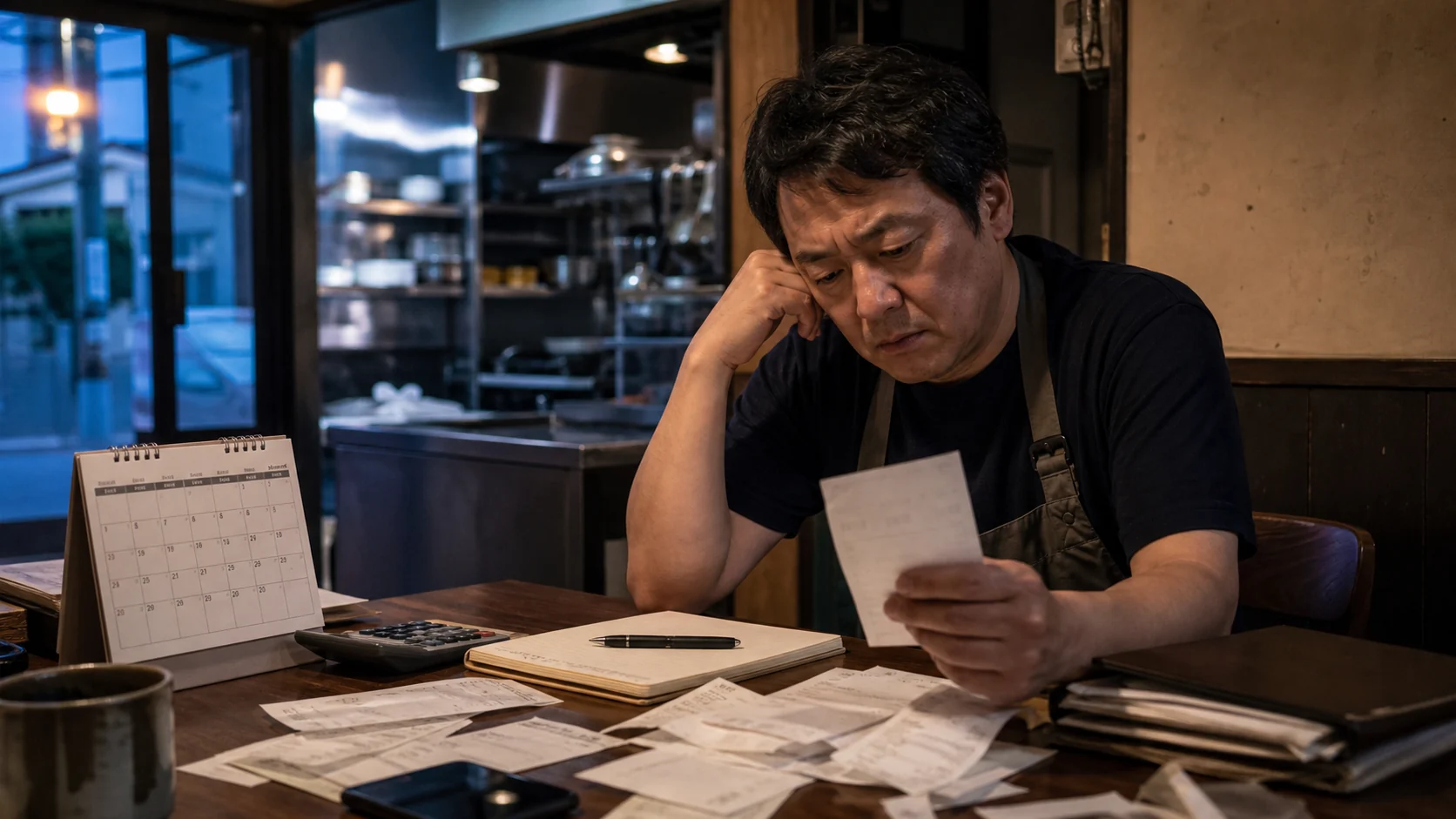 返済日と給与支払が重なる資金不足を確認する飲食店経営者