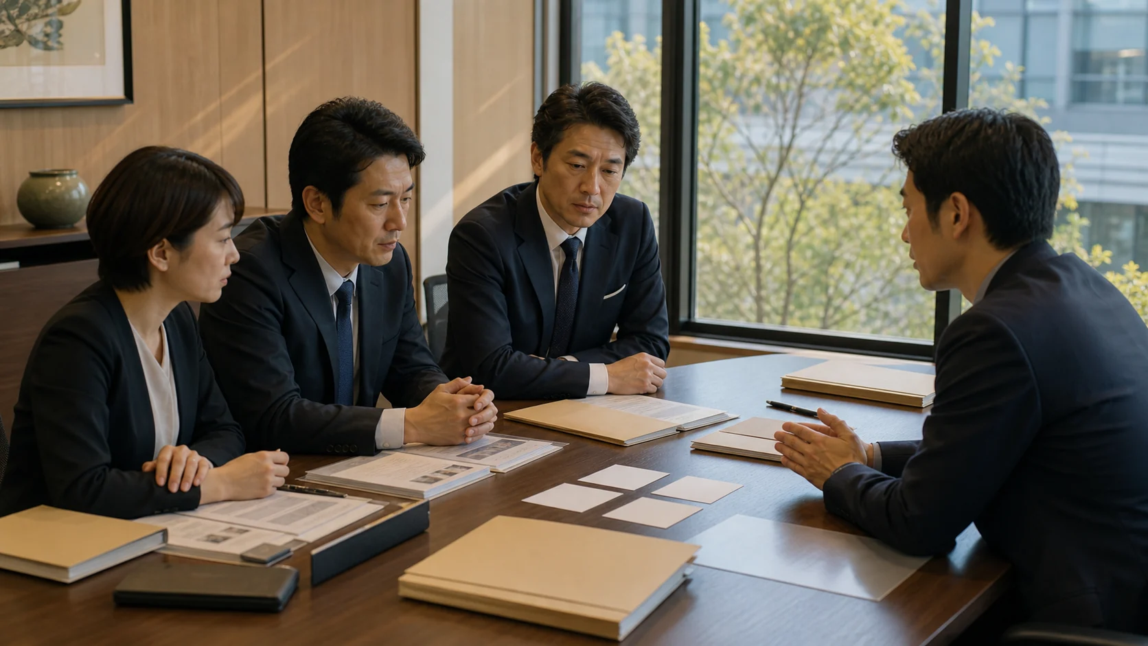 経営者と財務法務担当者が融資実行前の表明保証更新を銀行へ確認する場面