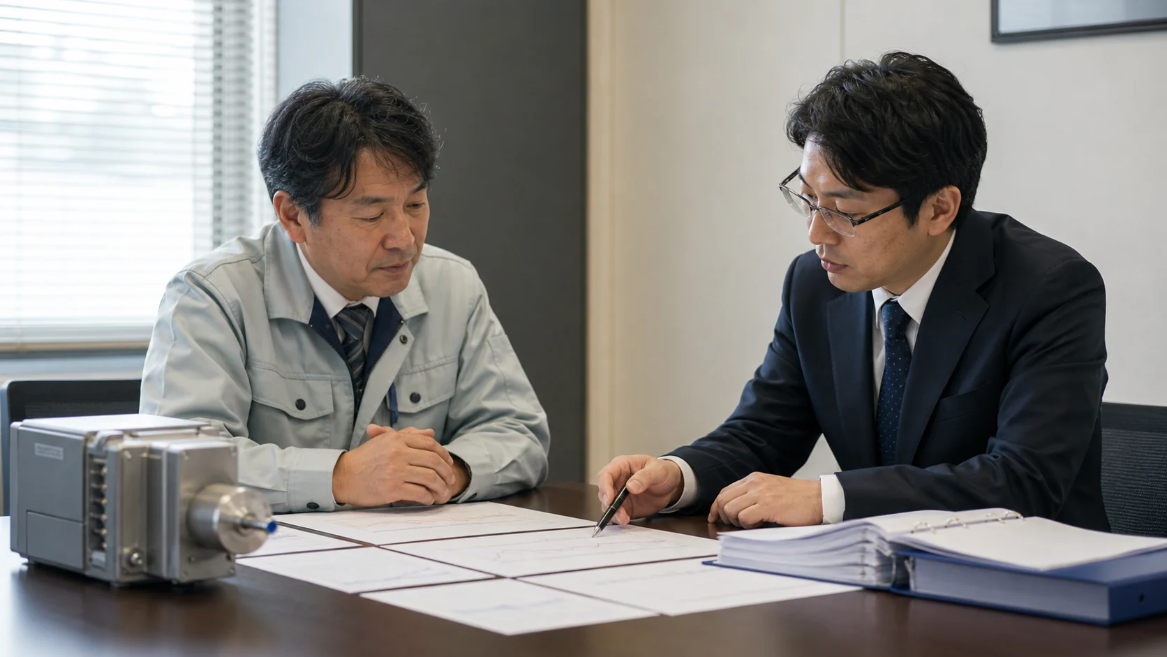 精密機器メーカー経営者と資金調達アドバイザーが開発遅延時の資金を比較する会議