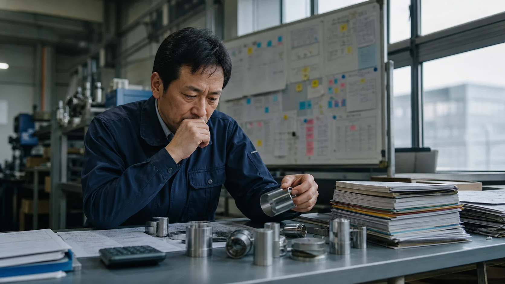 精密機器メーカーの経営者が開発テーマ別の試作費と判定日を確認する場面