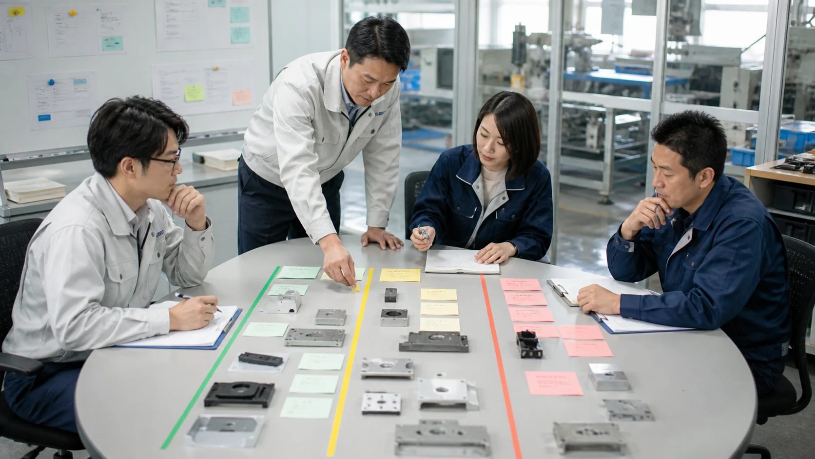 精密機器メーカーの開発会議でテーマ別の判定条件と残予算を整理する場面
