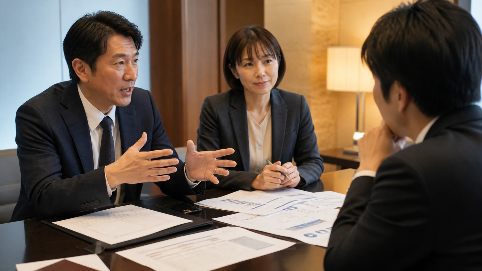 経営者と銀行担当者が利益剰余金と現金・売掛金・在庫の違いを確認する会議