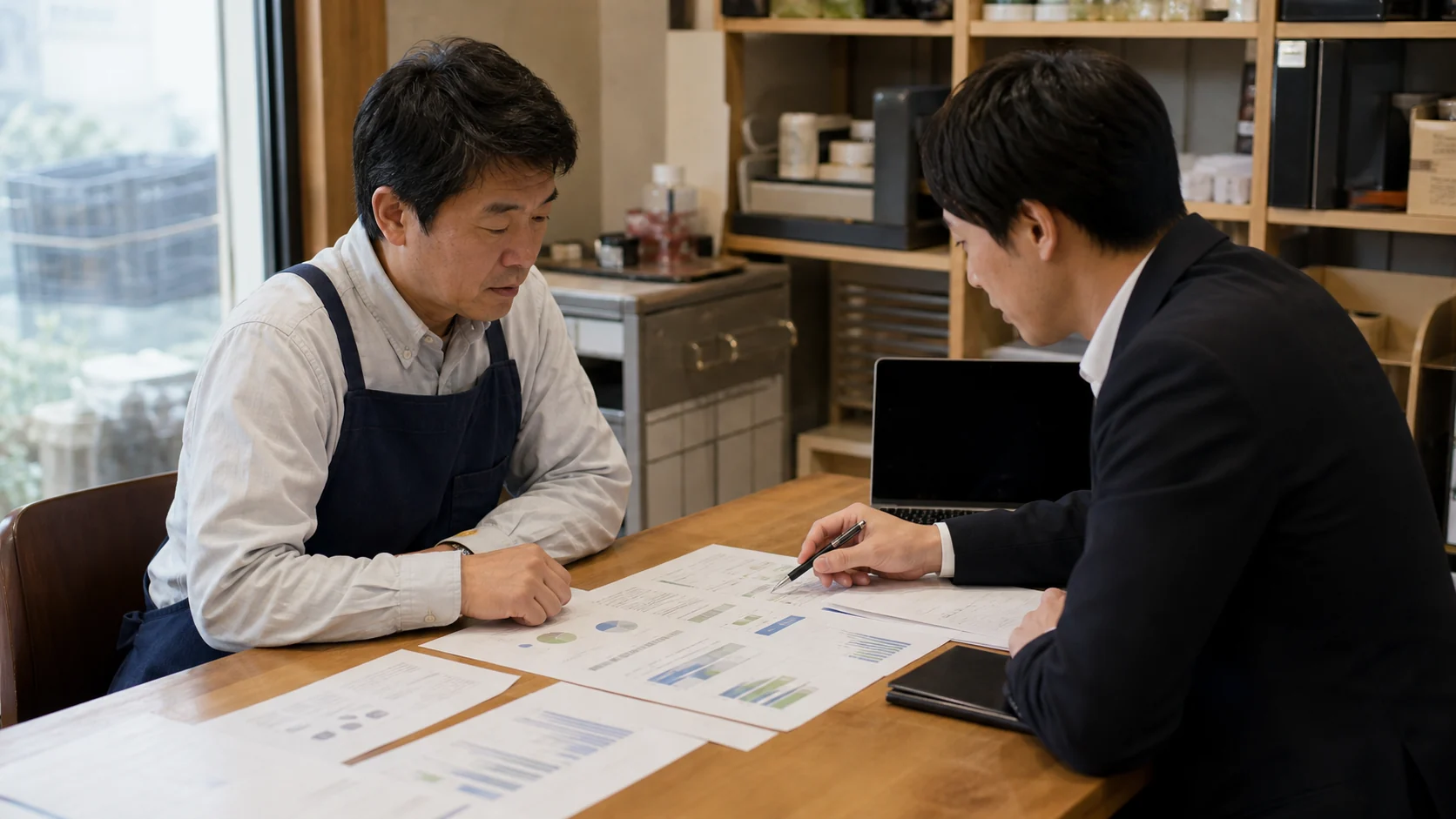 小売会社経営者と資金調達アドバイザーが利益留保後の現金と返済余力を比較する会議