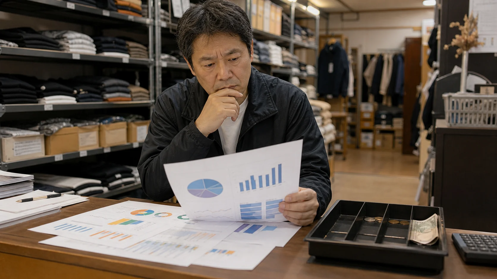 小規模製造会社の経理担当者が利益剰余金と在庫や売掛金を照合する場面