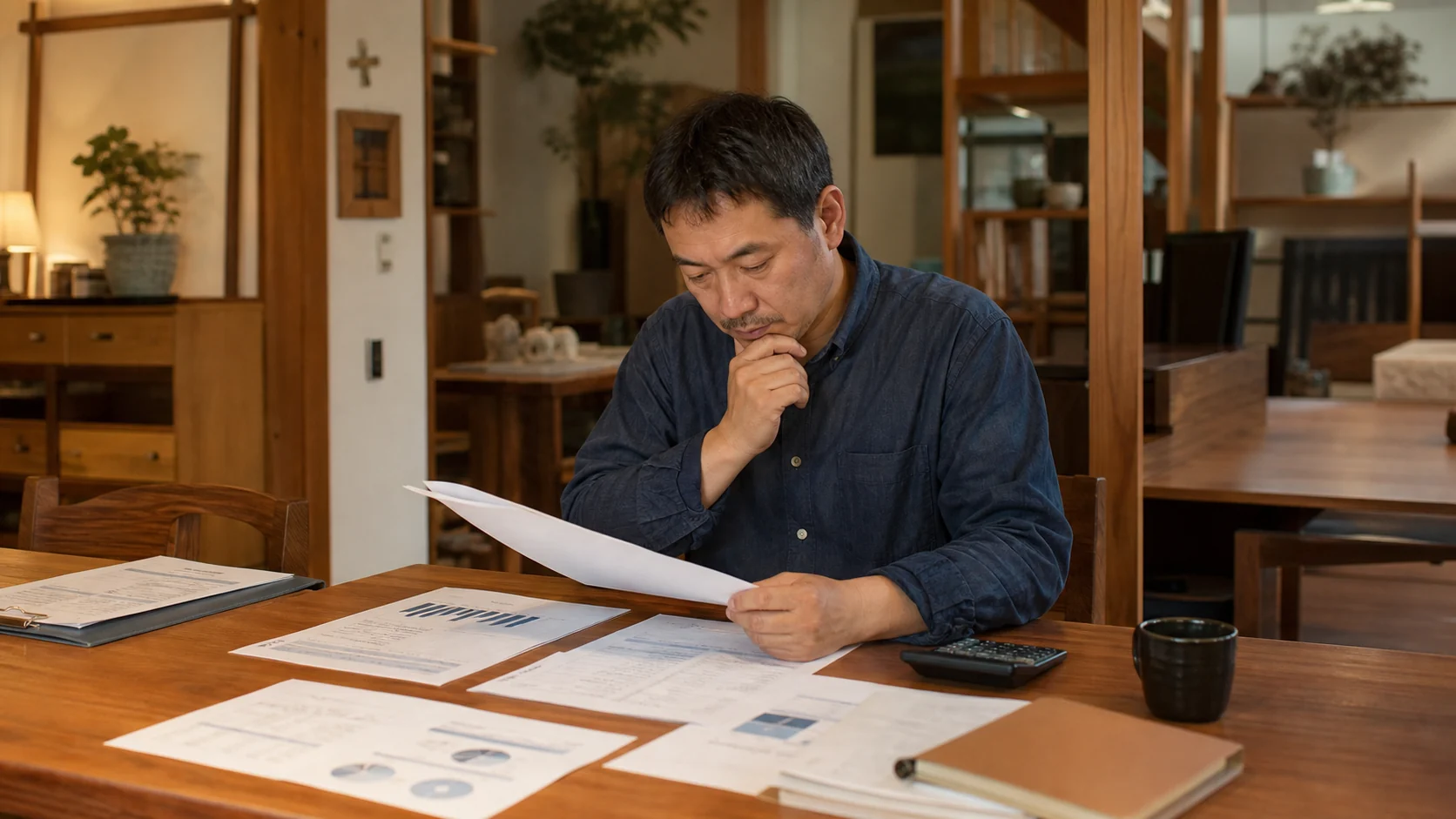 家具工房の経営者が利益蓄積と自己資本を確認する場面