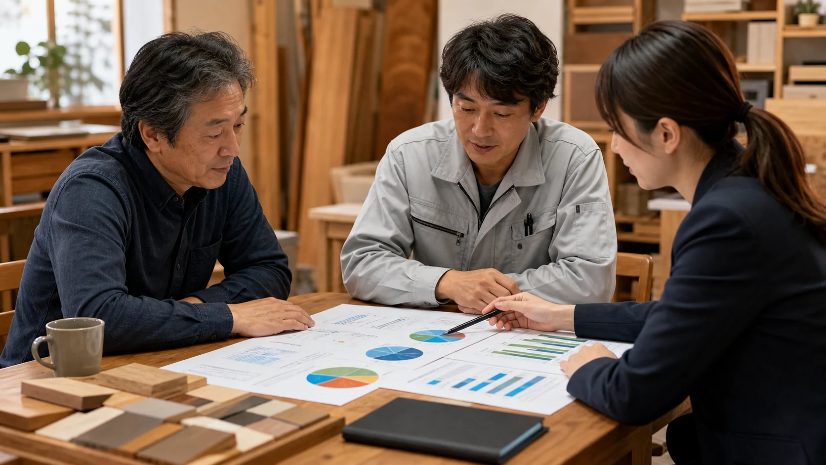 家具工房で経営者と担当者がROEと内部留保を確認する会議